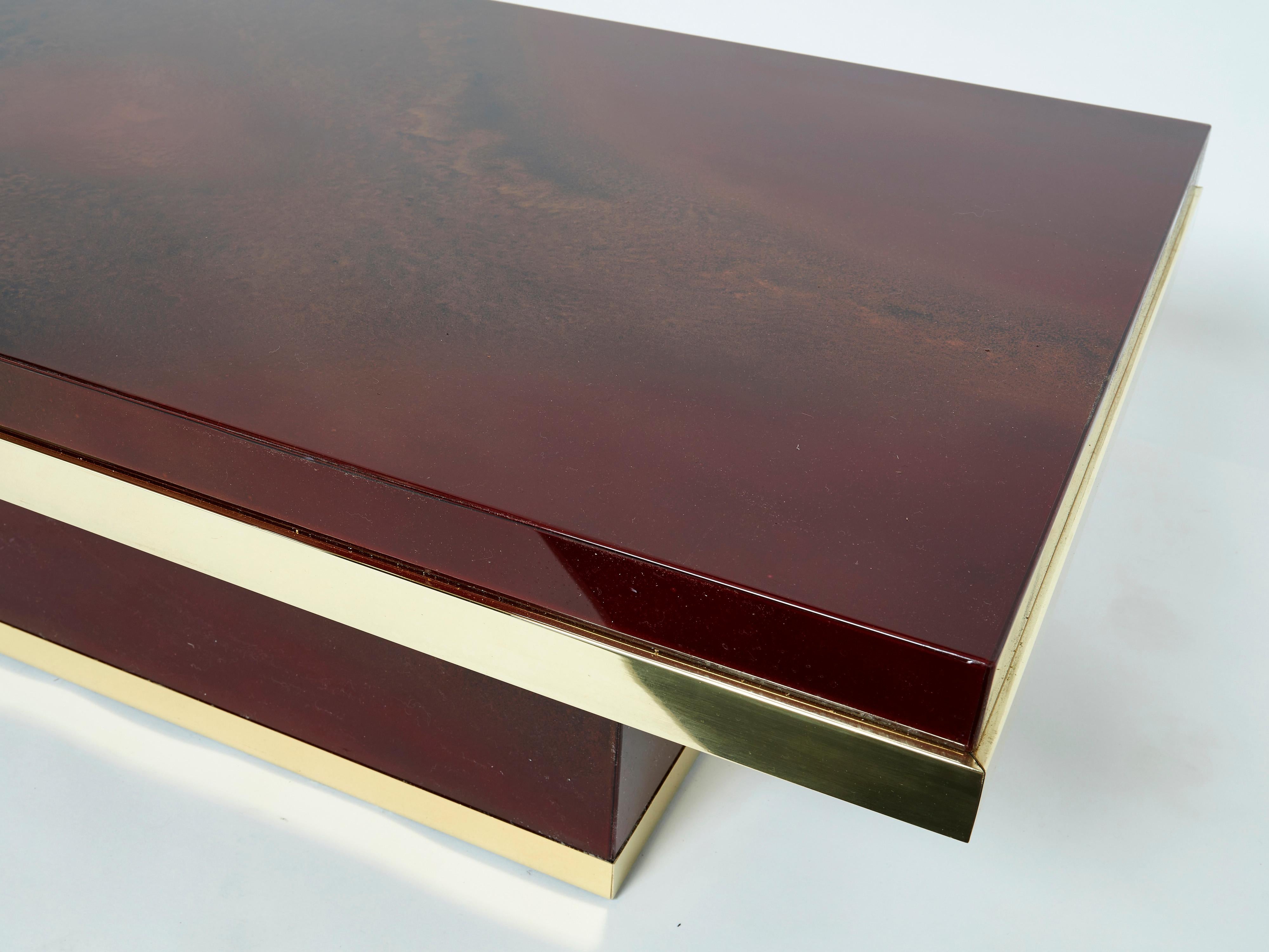 J.C. Mahey Cherry Red Lacquer and Brass Coffee Table, 1970s For Sale 1