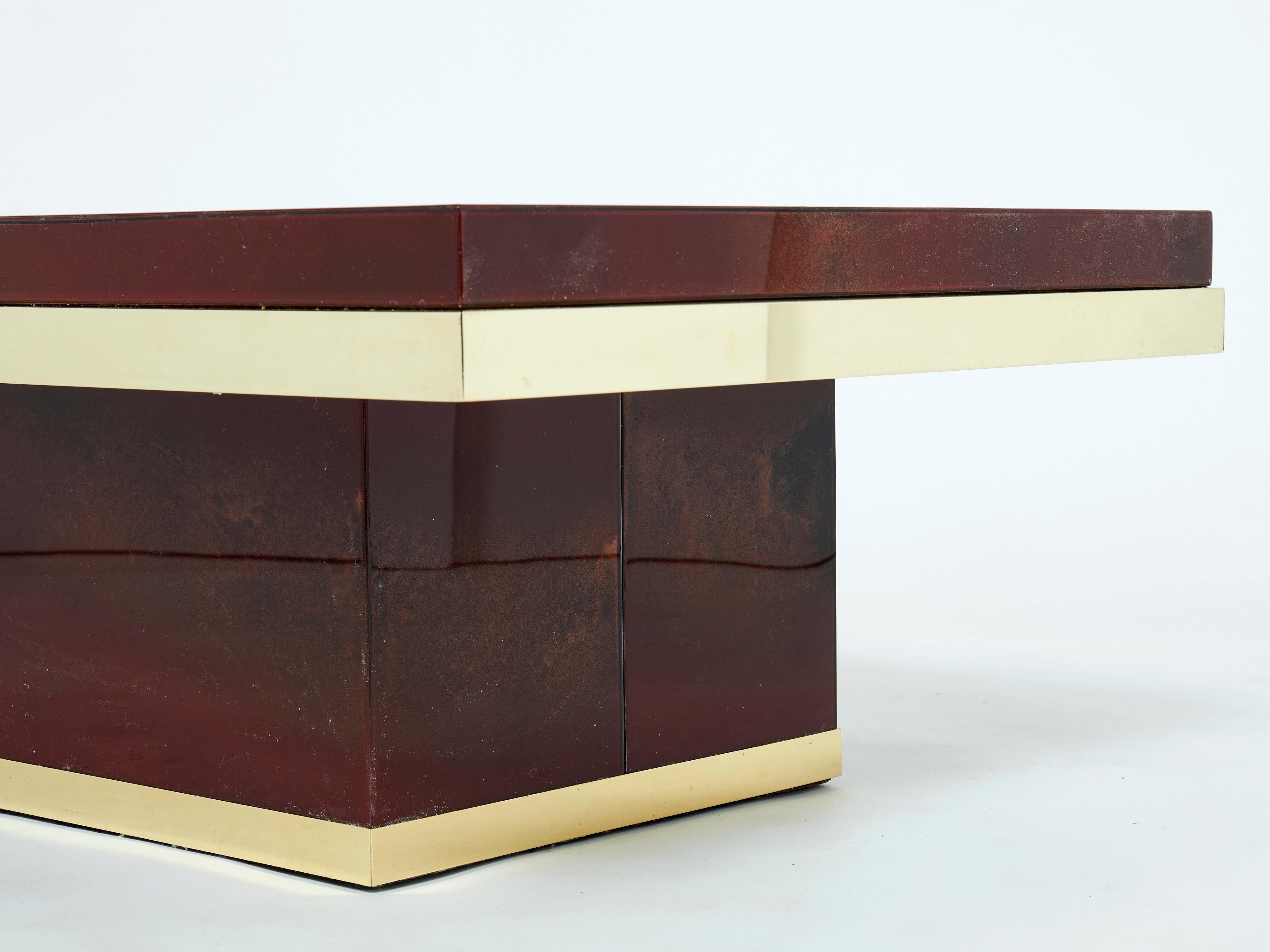 J.C. Mahey Cherry Red Lacquer and Brass Coffee Table, 1970s For Sale 3