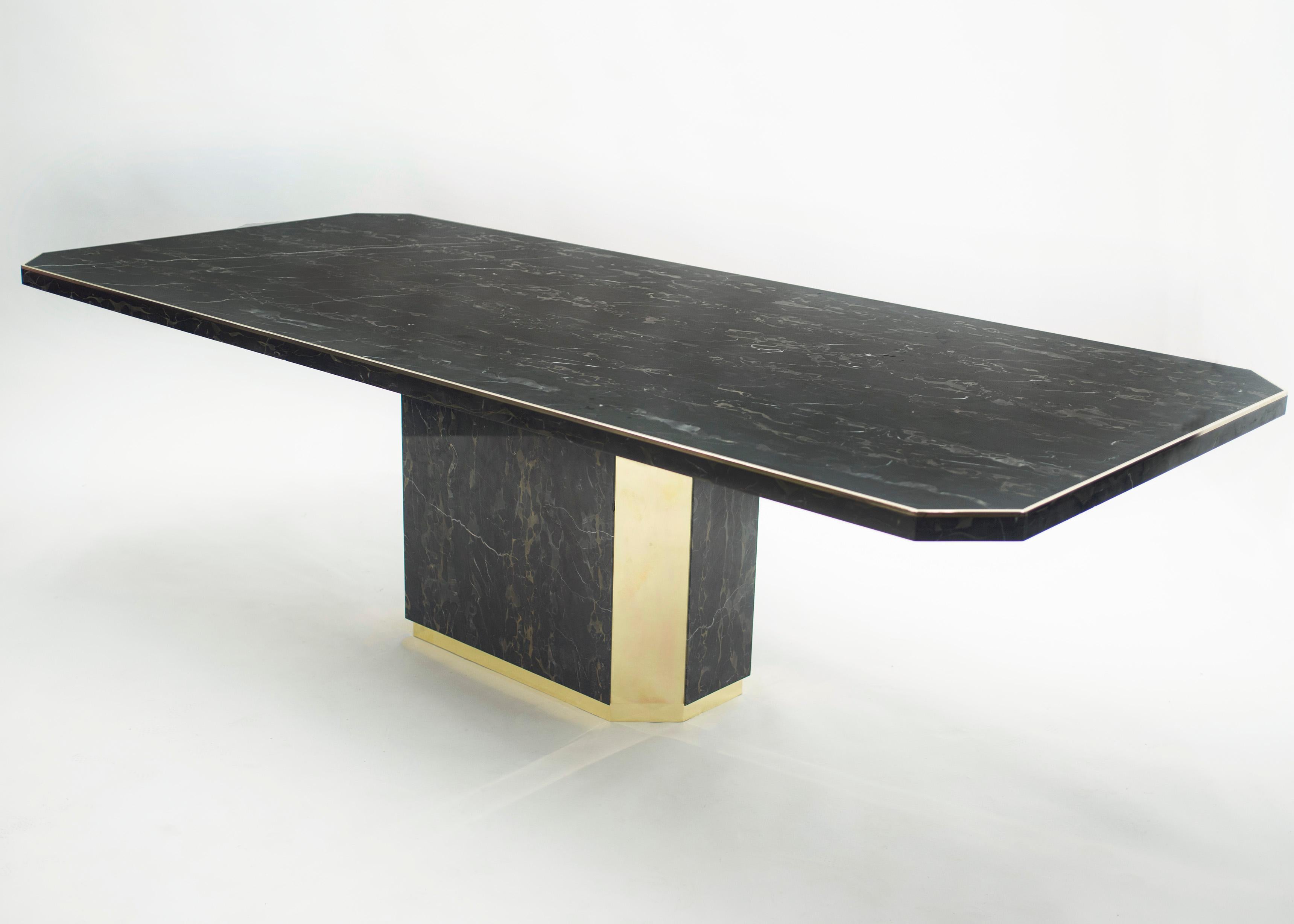 Mid-Century Modern J.C. Mahey for Paco Rabanne Black Portoro Marble Dining Table Brass, 1979 For Sale
