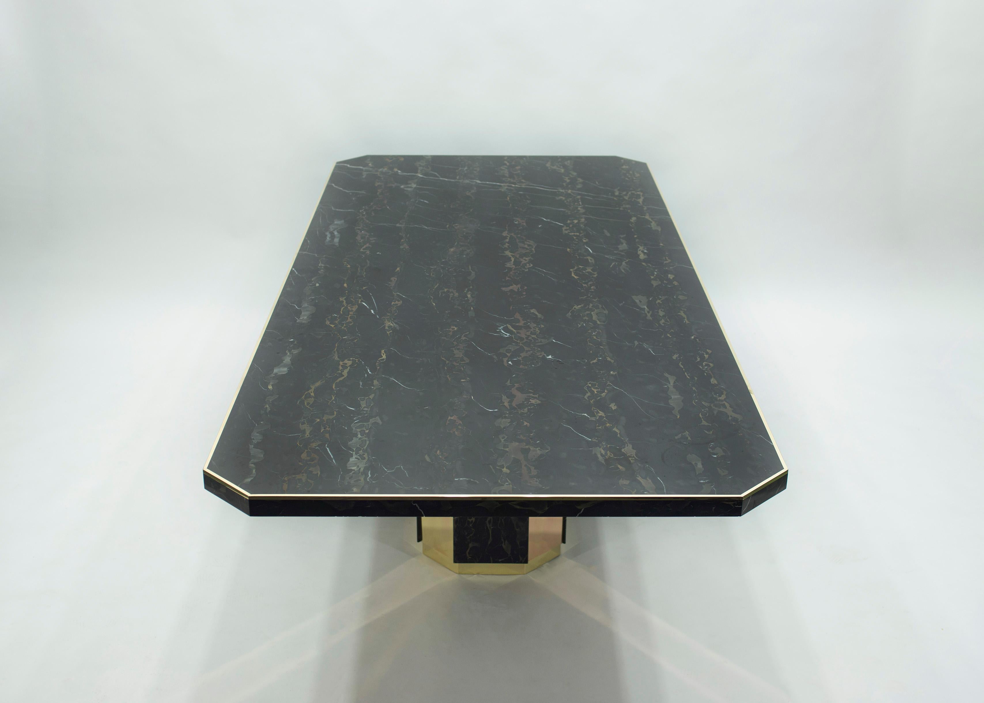 French J.C. Mahey for Paco Rabanne Black Portoro Marble Dining Table Brass, 1979 For Sale