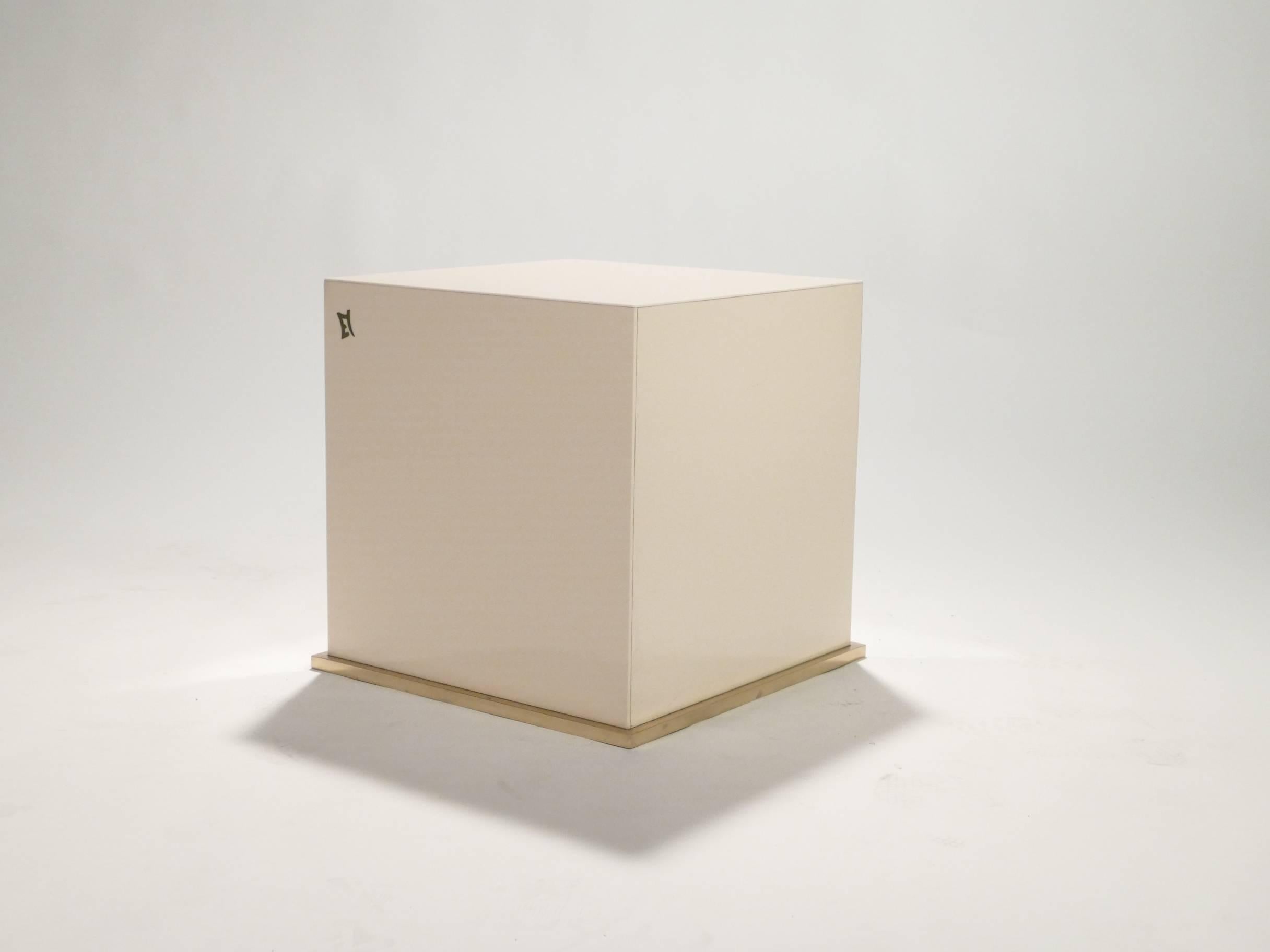 Mid-Century Modern JC Mahey Lacquer and Brass Cube Side Table, 1970s