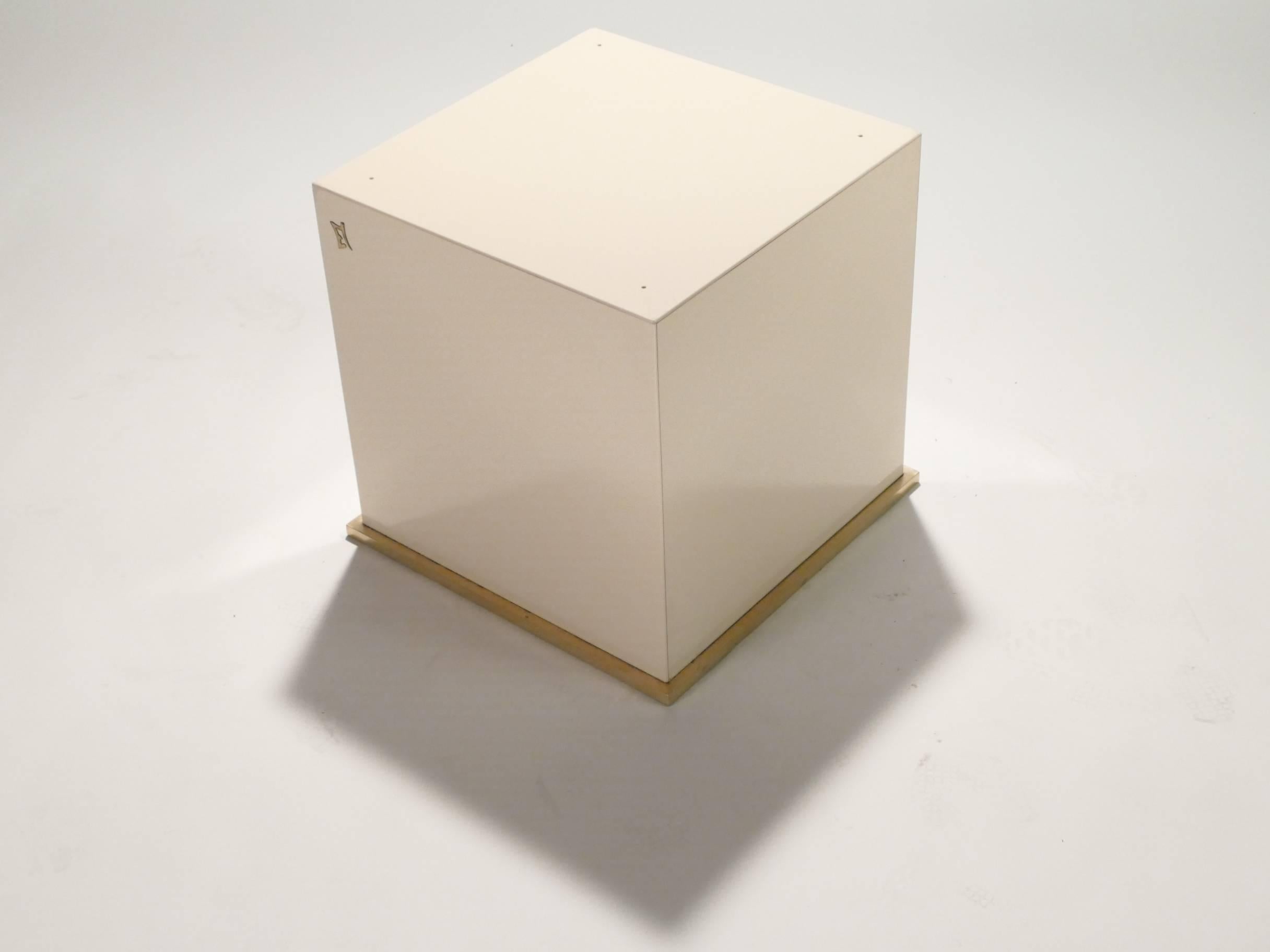 French JC Mahey Lacquer and Brass Cube Side Table, 1970s