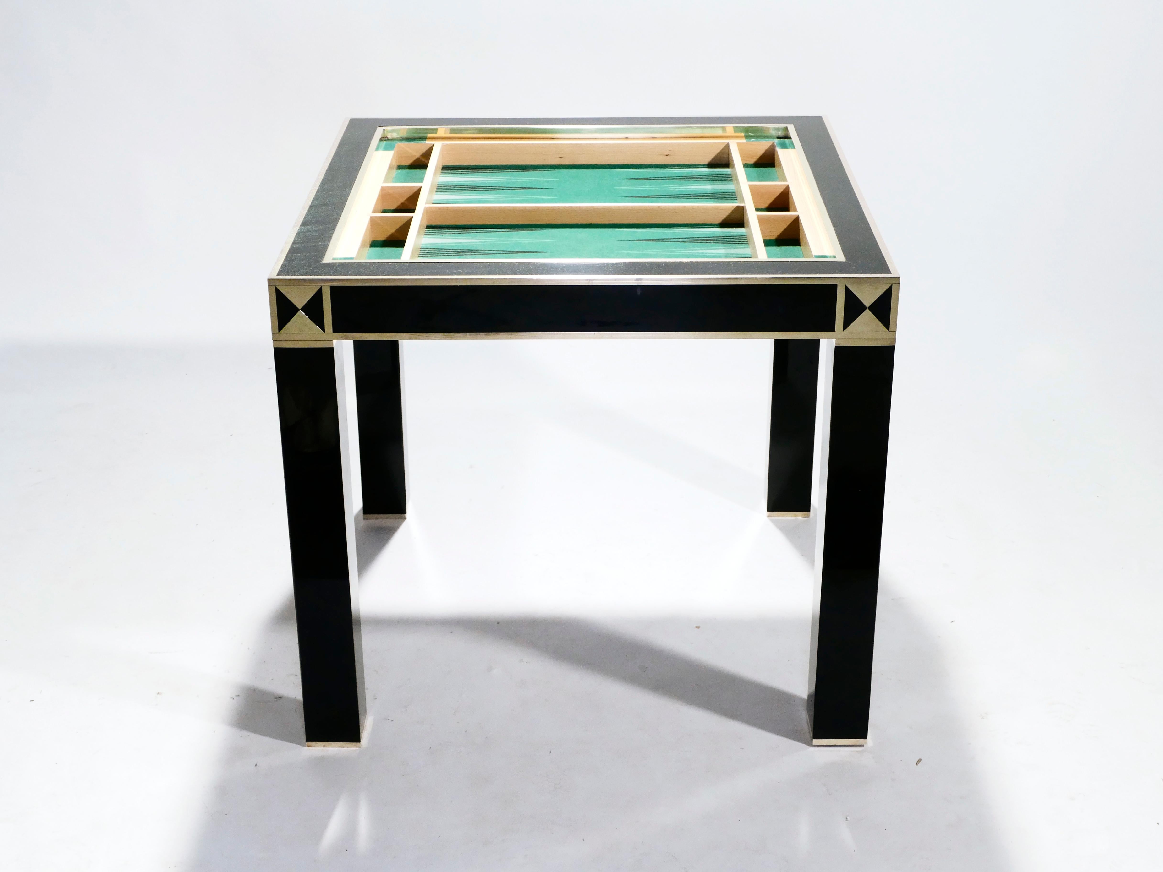 J.C. Mahey Lacquered and Brass Game Table, 1970s 2