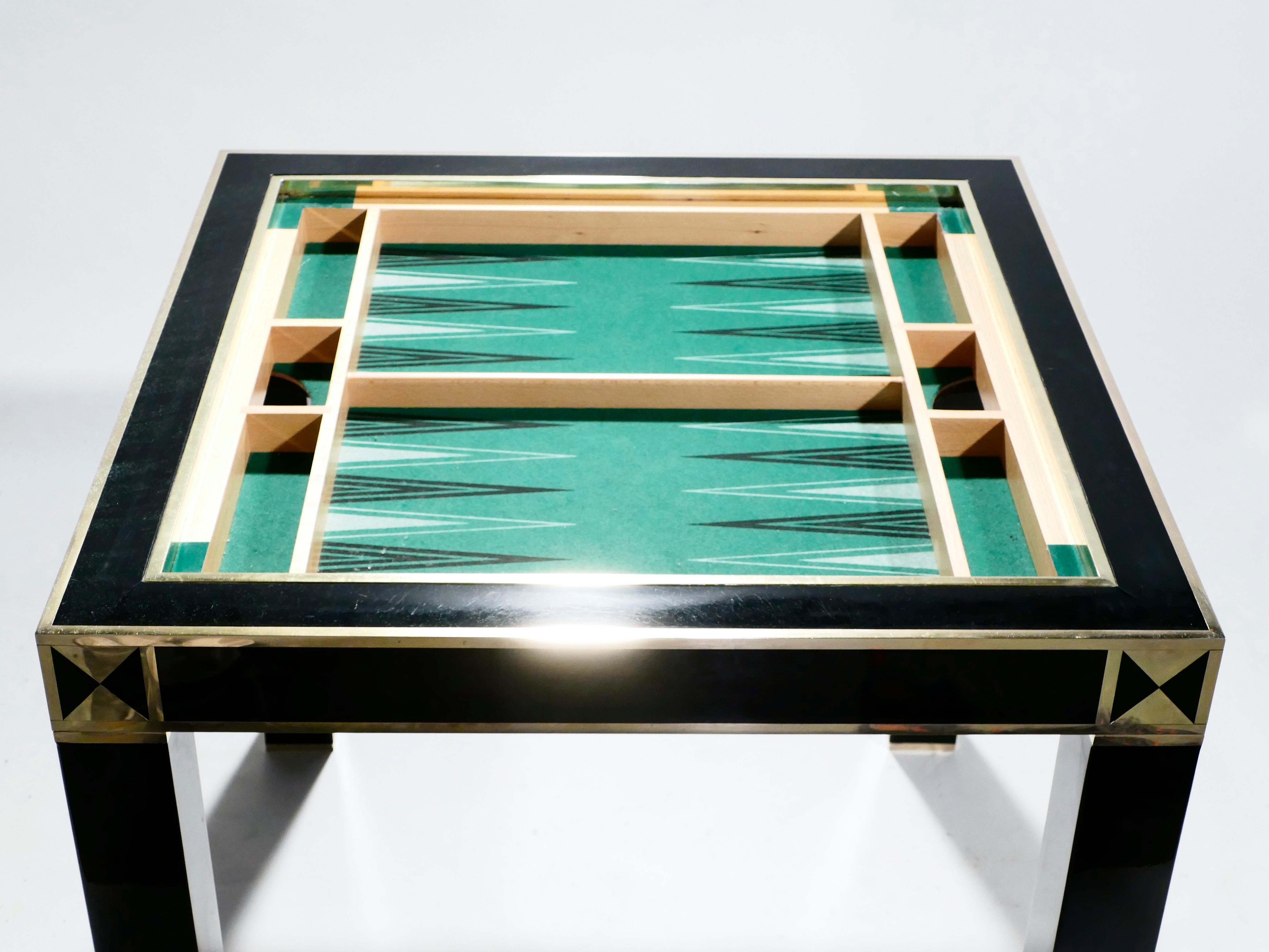 J.C. Mahey Lacquered and Brass Game Table, 1970s 3