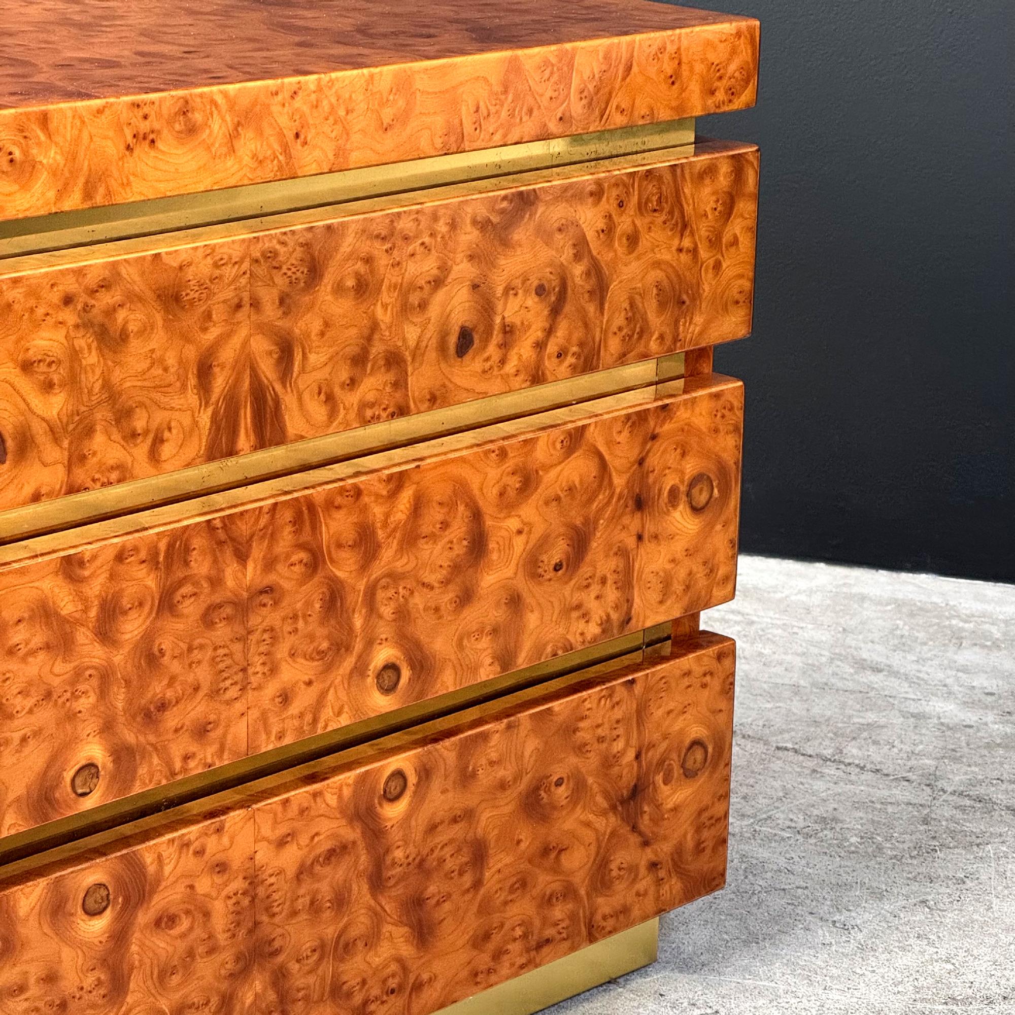 J.C. Mahey Pair of Burl Elm and Brass Nightstands Chests Side Table France 1970s 3
