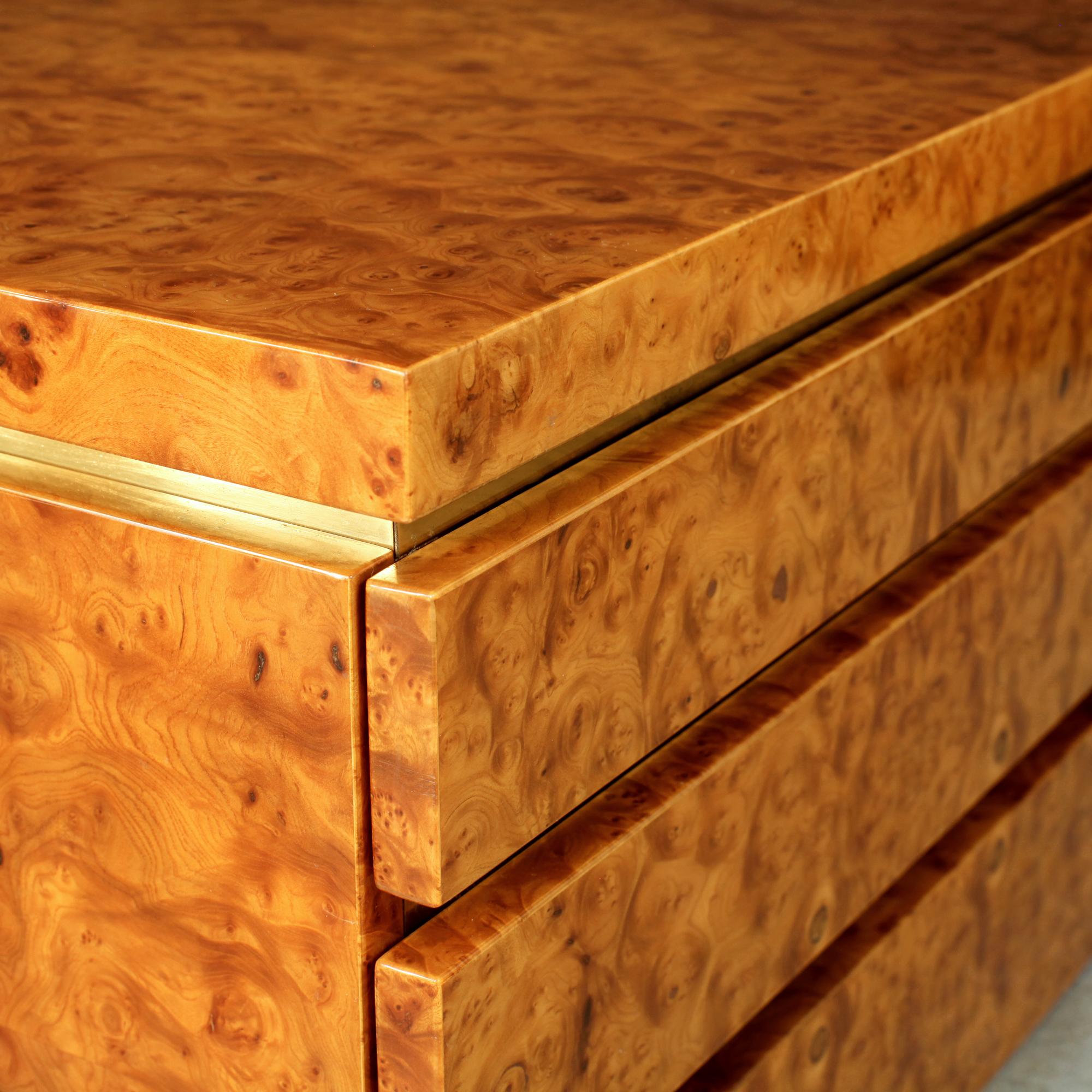 J.C. Mahey Pair of Burl Elm and Brass Nightstands Chests Side Table France 1970s 6