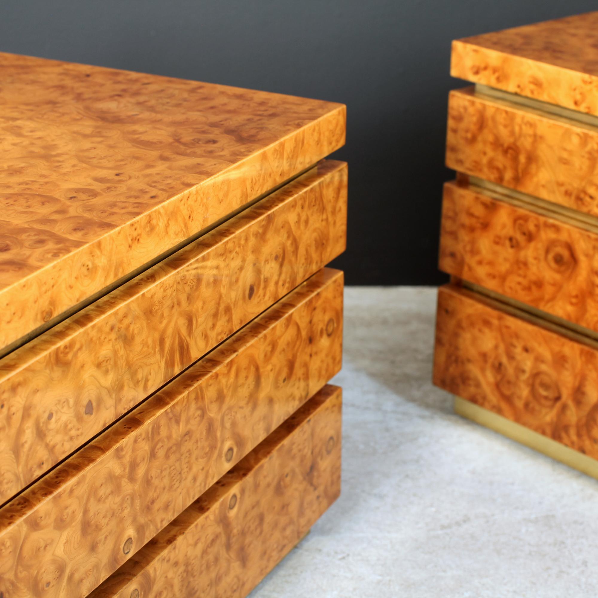 J.C. Mahey Pair of Burl Elm and Brass Nightstands Chests Side Table France 1970s 7