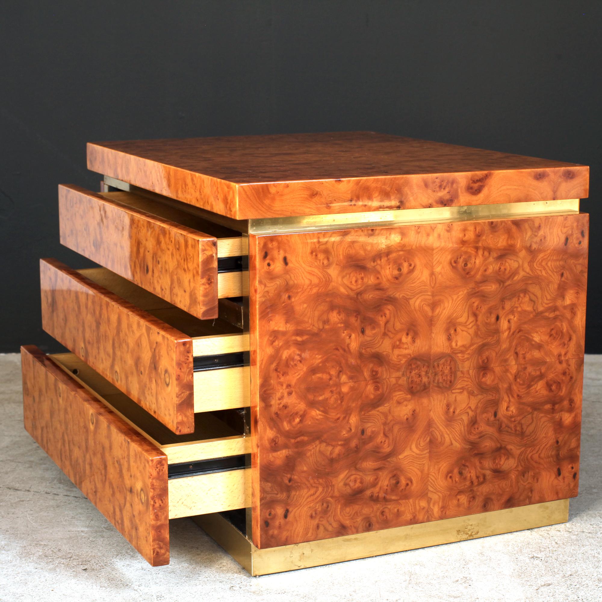 Late 20th Century J.C. Mahey Pair of Burl Elm and Brass Nightstands Chests Side Table France 1970s