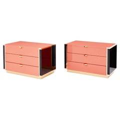 Used J.C. Mahey pair of pink black lacquer brass nightstands chests 1970s