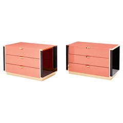 J.C. Mahey pair of pink black lacquer brass nightstands chests 1970s