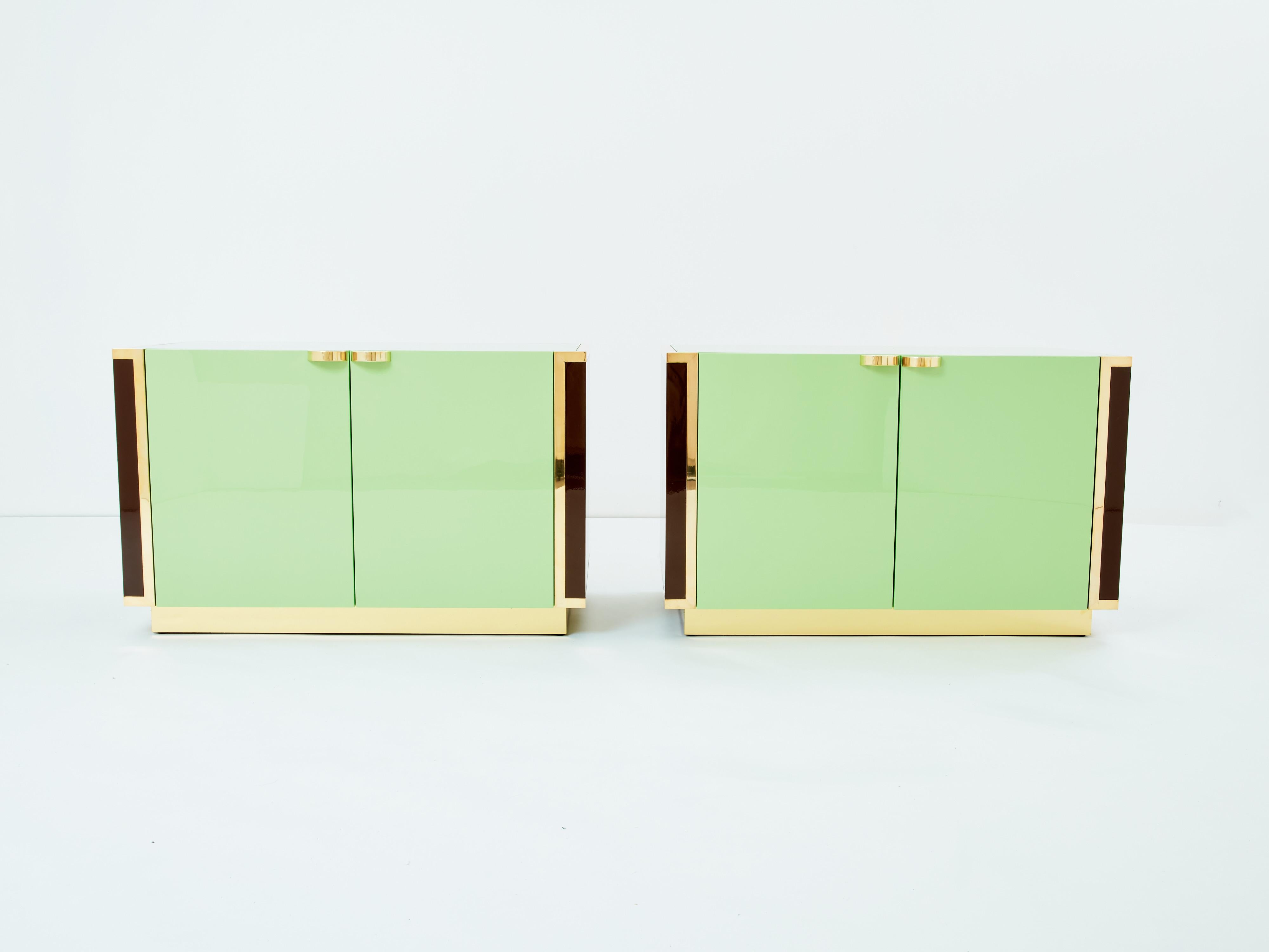 J.C. Mahey pair of small green lacquer and brass cabinets 1970s For Sale 5