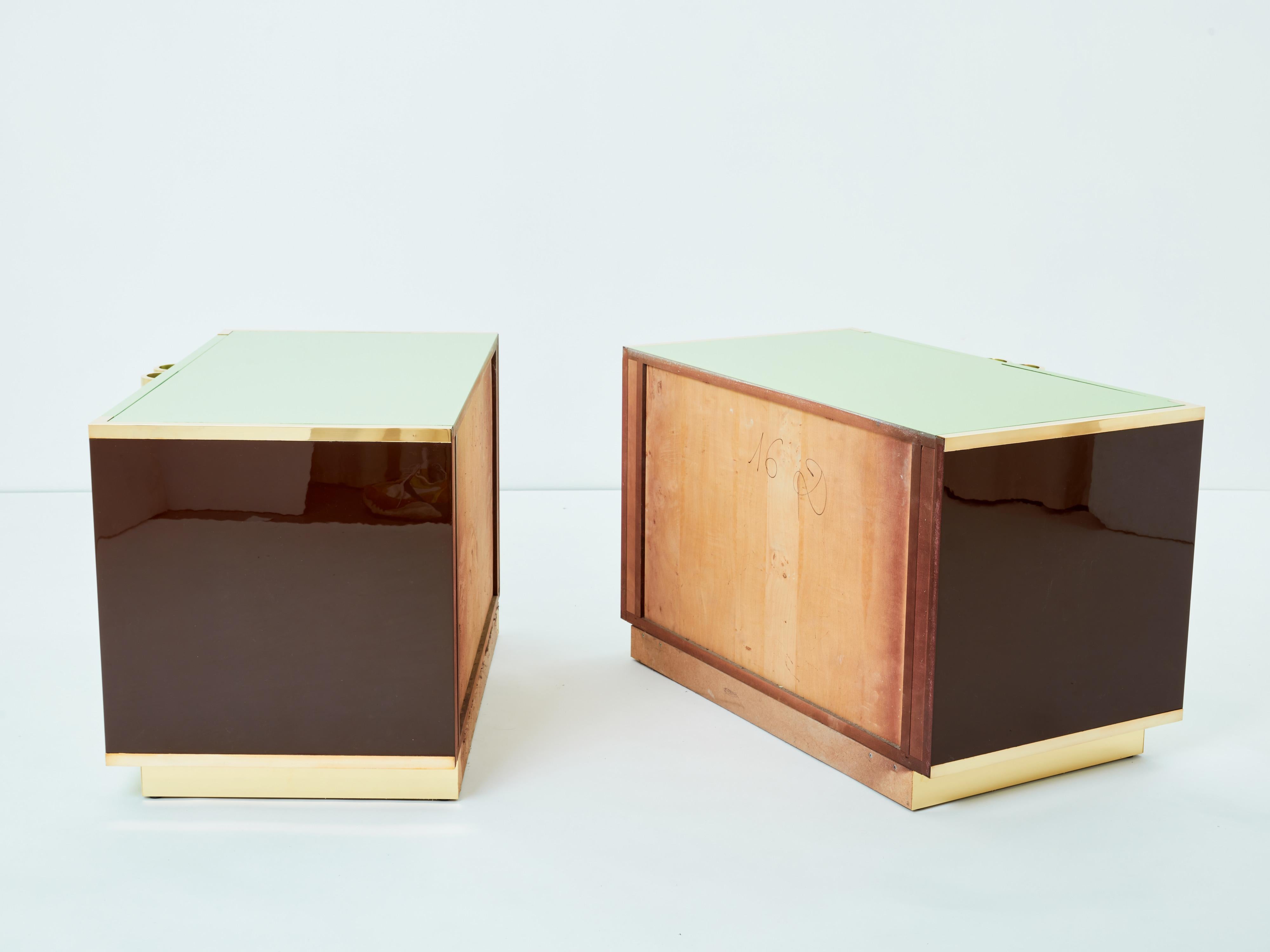 J.C. Mahey pair of small green lacquer and brass cabinets 1970s For Sale 6