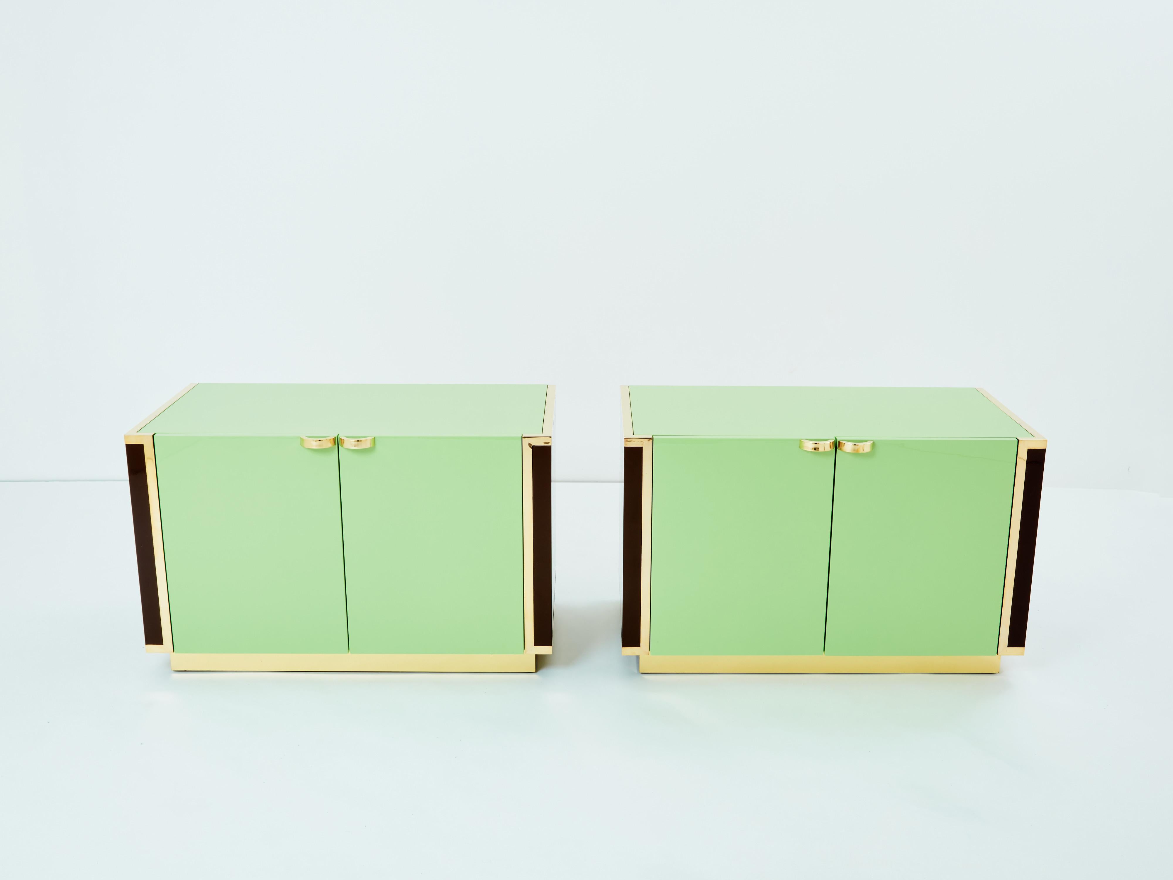 These twin cabinets in a beautiful green and dark brown lacquer could serve as sturdy end tables in a living room or office, or as spacious nightstands in a bedroom. The crisp mix of green and brown lacquer has an incredibly strong, visual impact