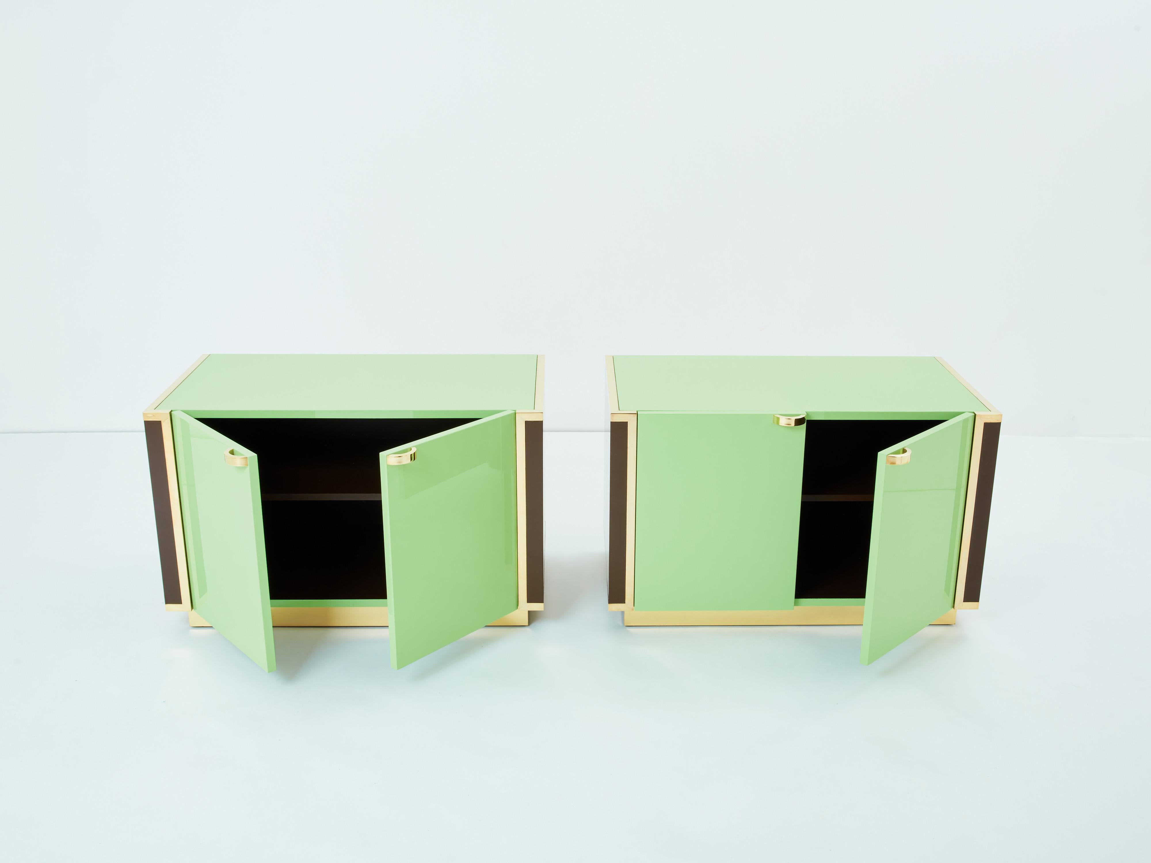 Mid-Century Modern J.C. Mahey pair of small green lacquer and brass cabinets 1970s For Sale