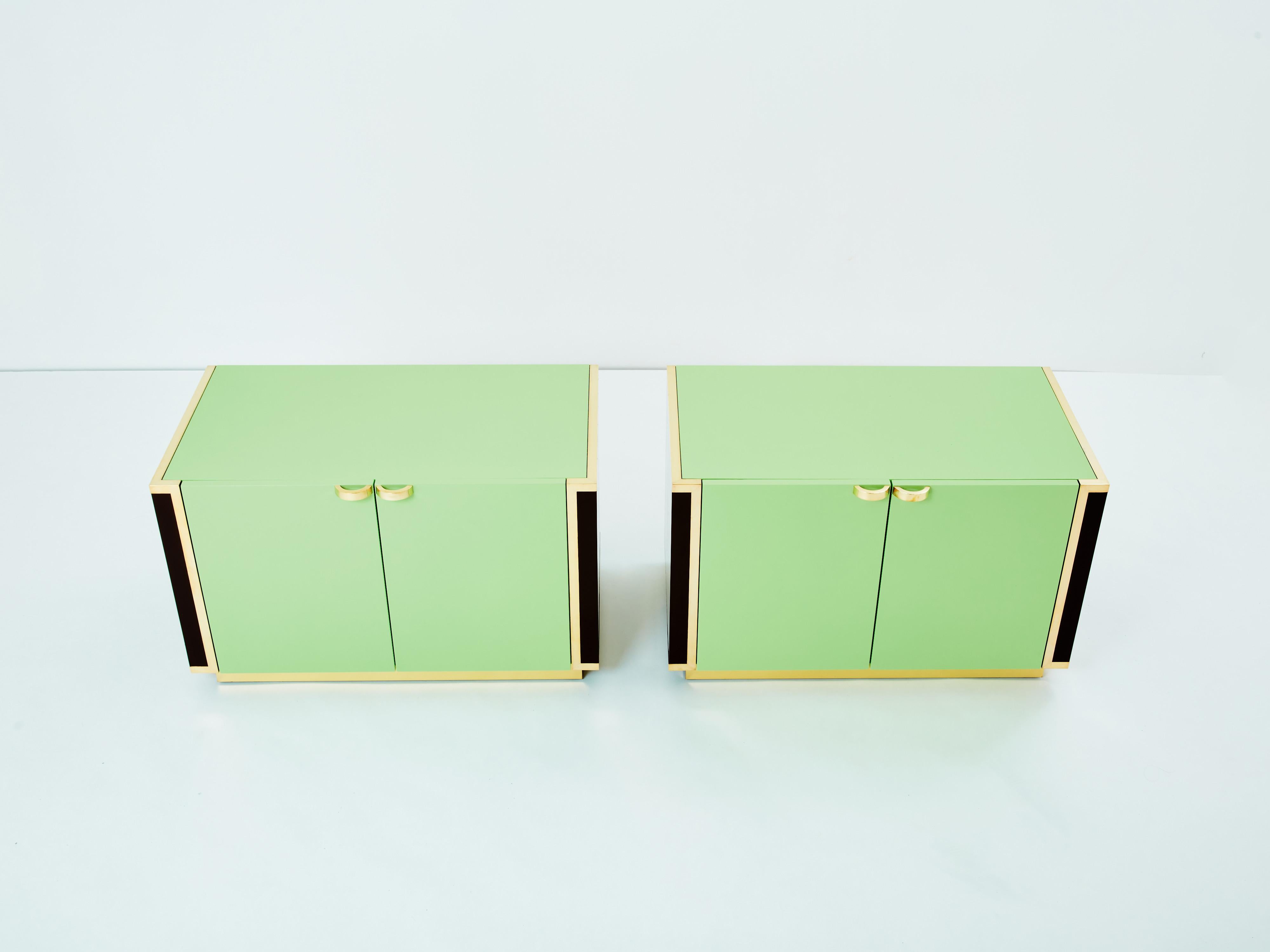 Late 20th Century J.C. Mahey pair of small green lacquer and brass cabinets 1970s For Sale