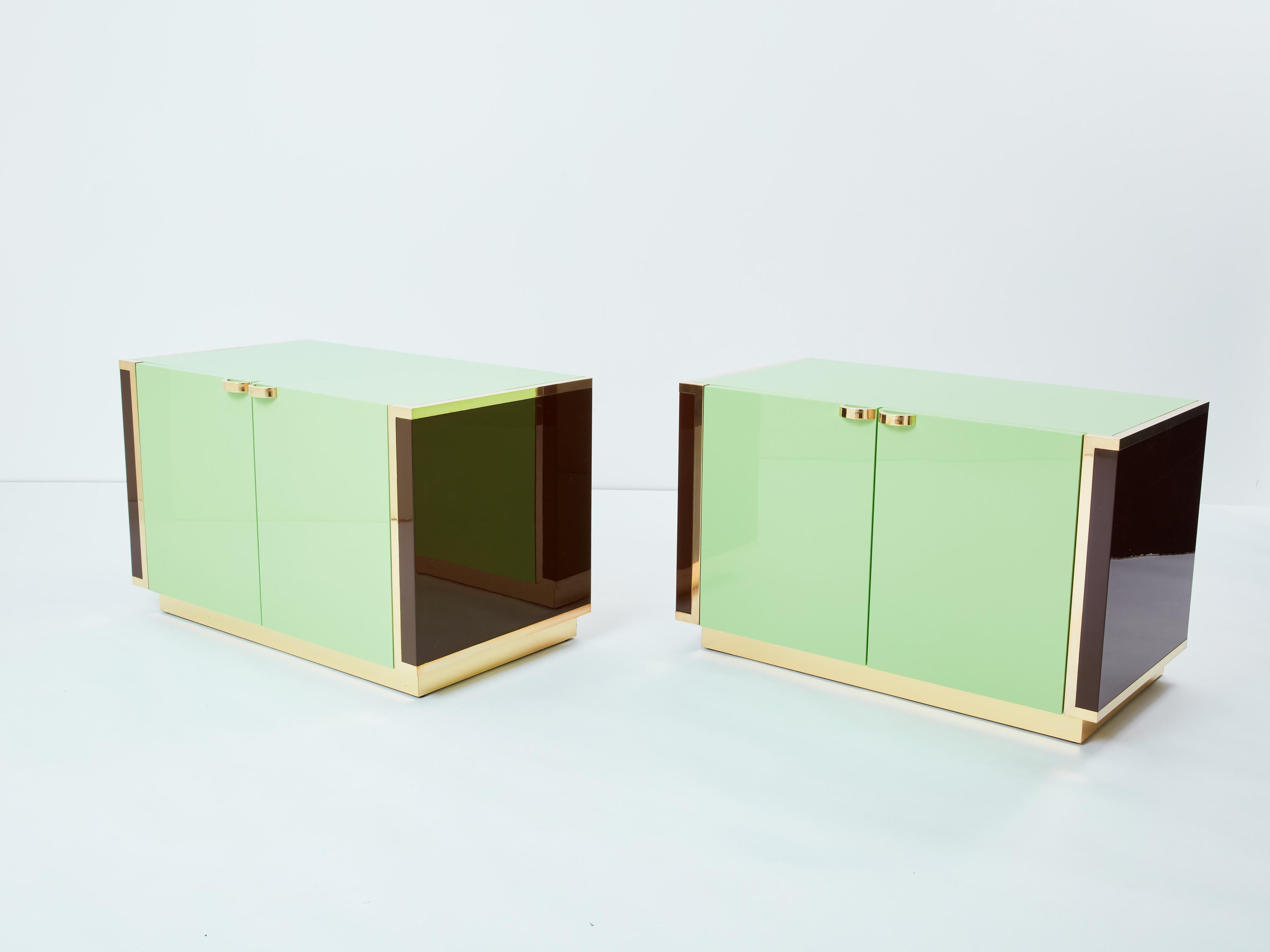 Brass J.C. Mahey pair of small green lacquer and brass cabinets 1970s For Sale