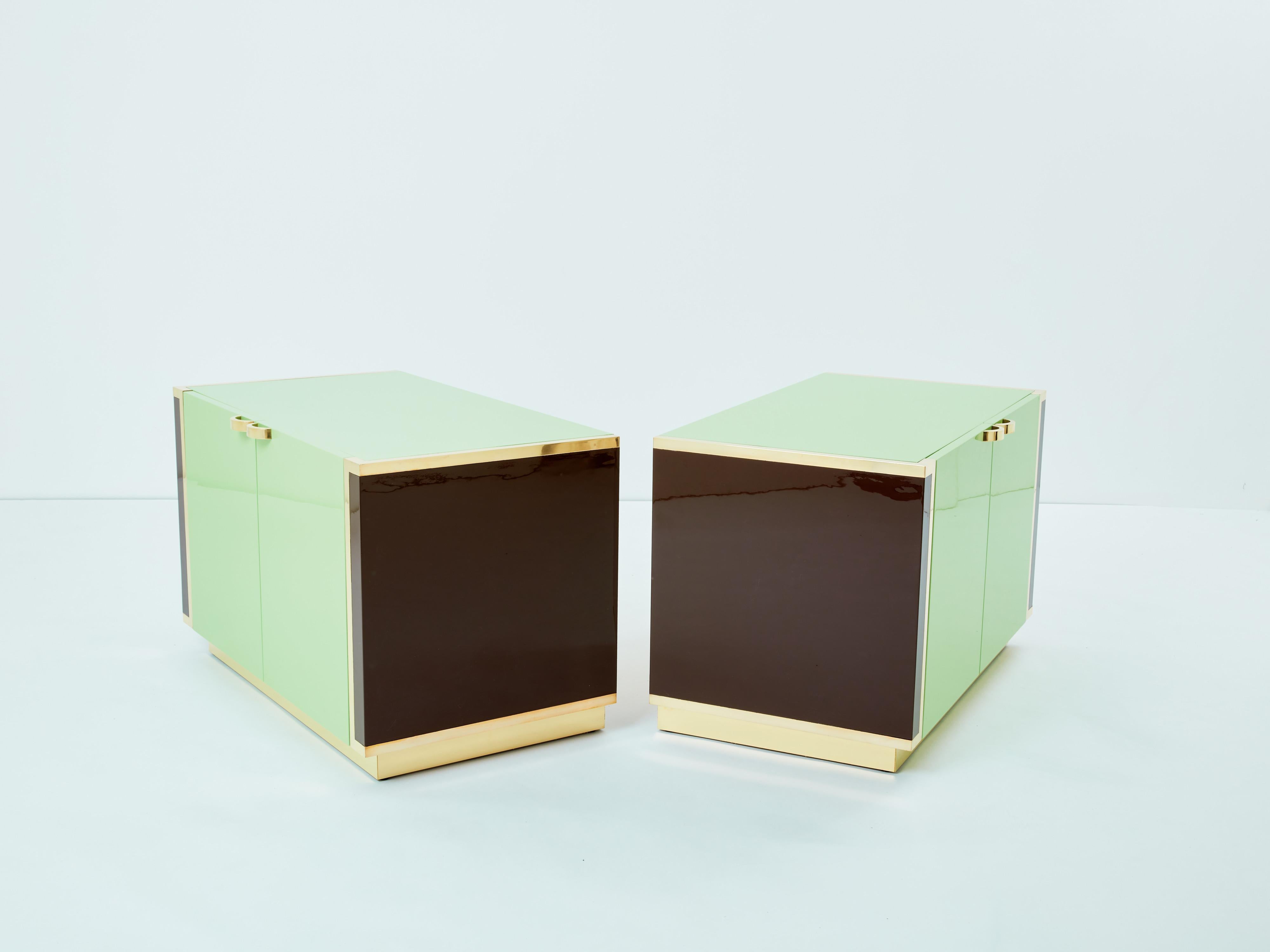 J.C. Mahey pair of small green lacquer and brass cabinets 1970s For Sale 1
