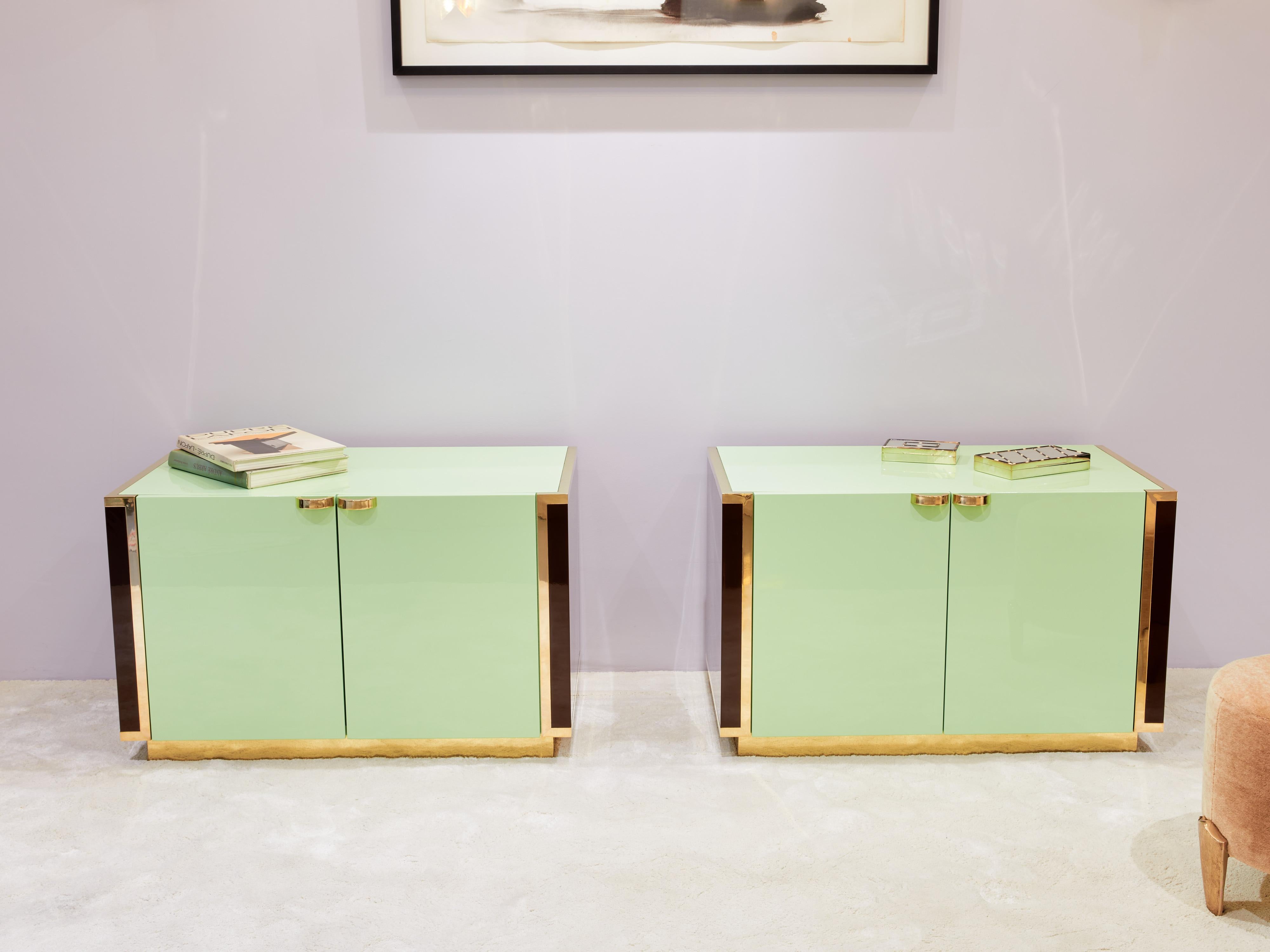 J.C. Mahey pair of small green lacquer and brass cabinets 1970s For Sale 2