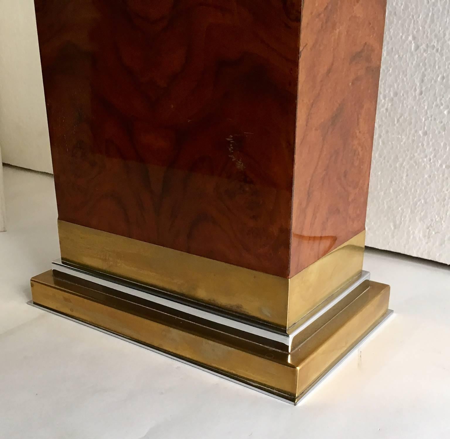 Jean Claude Mahey rectangular table lamp with burl wood table, brass and chrome base, dimensions without shades.