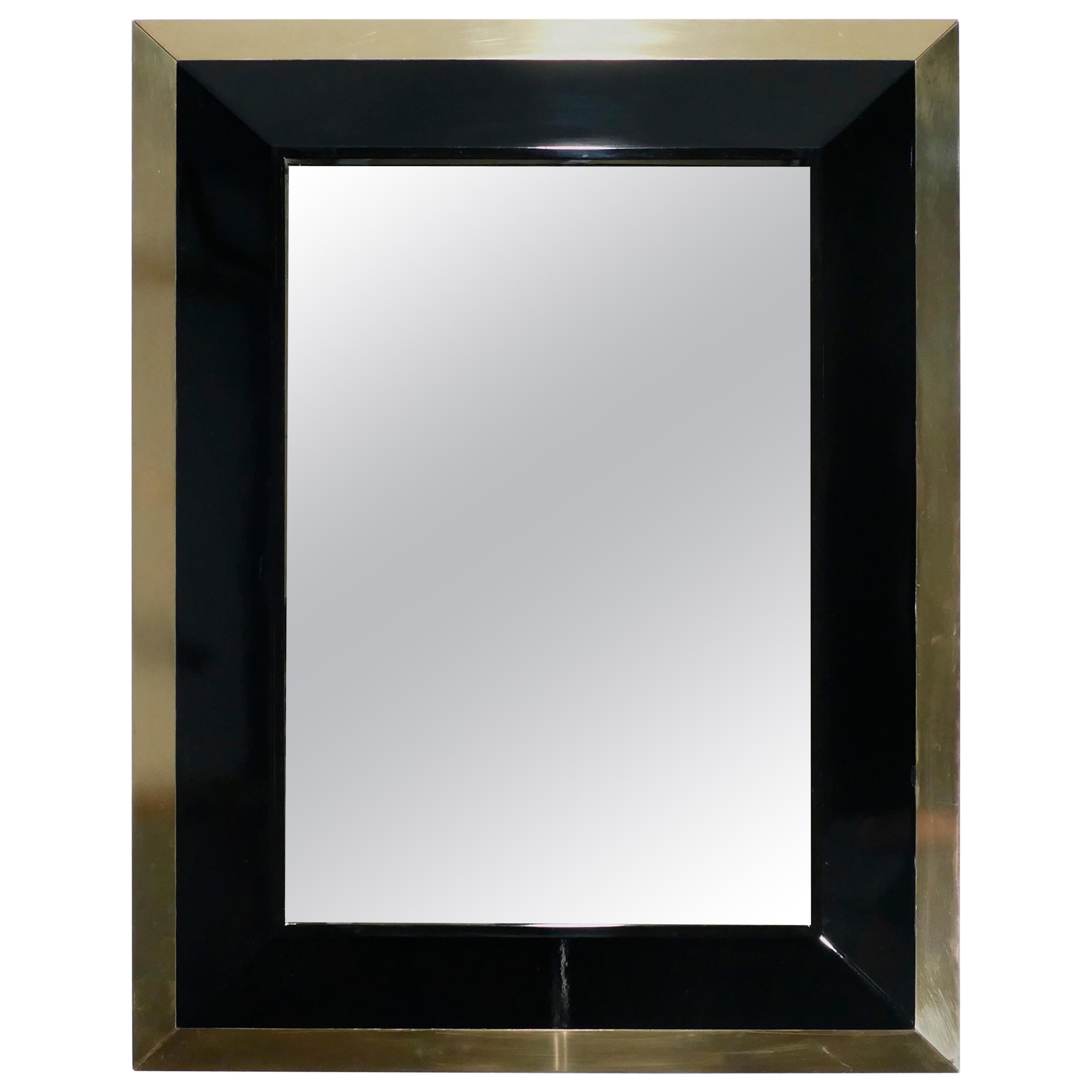 J.C. Mahey Wall Mirror in Black Lacquer and Brass, 1970