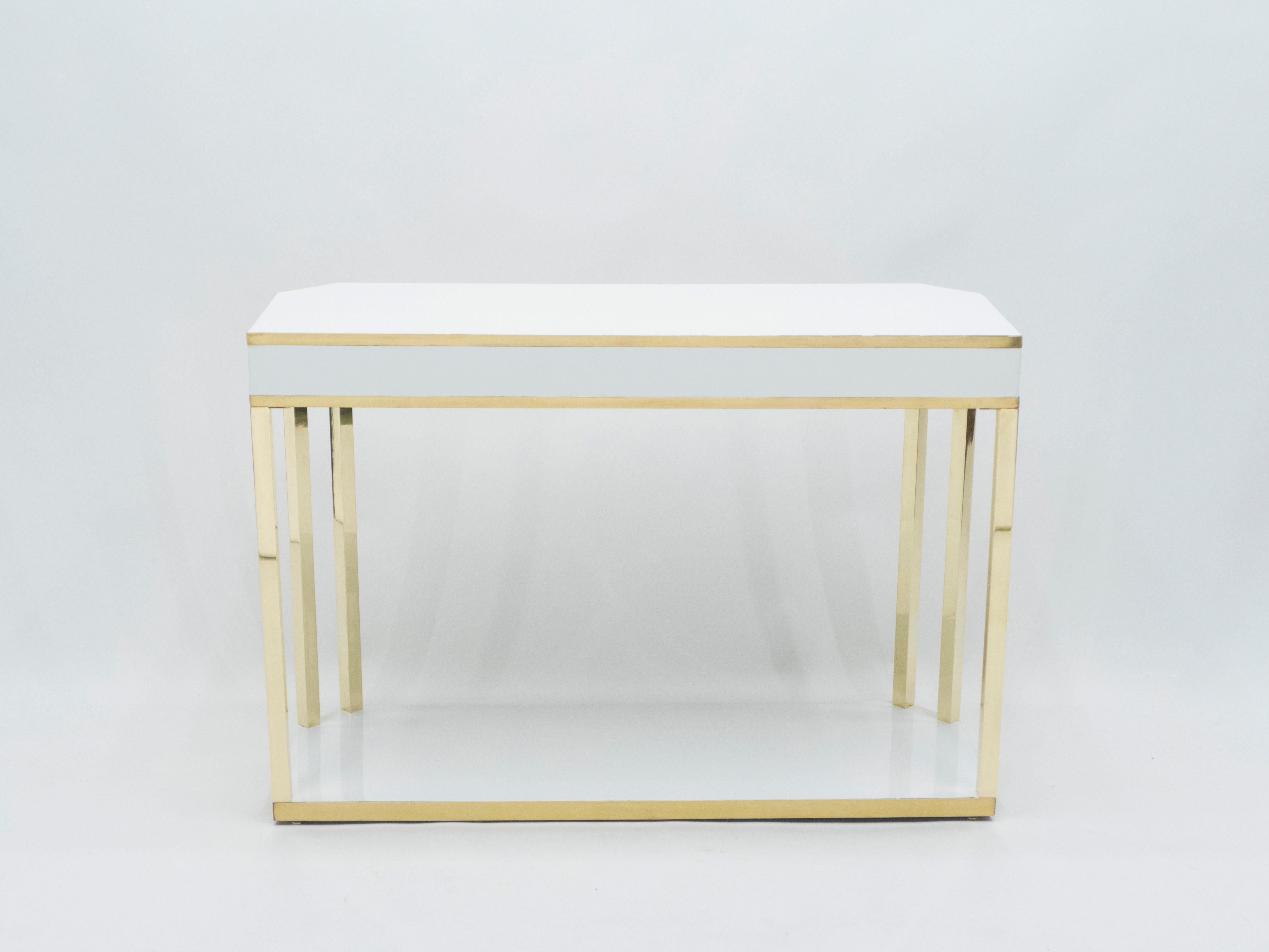 J.C. Mahey White Lacquer and Brass Console, 1970s 4