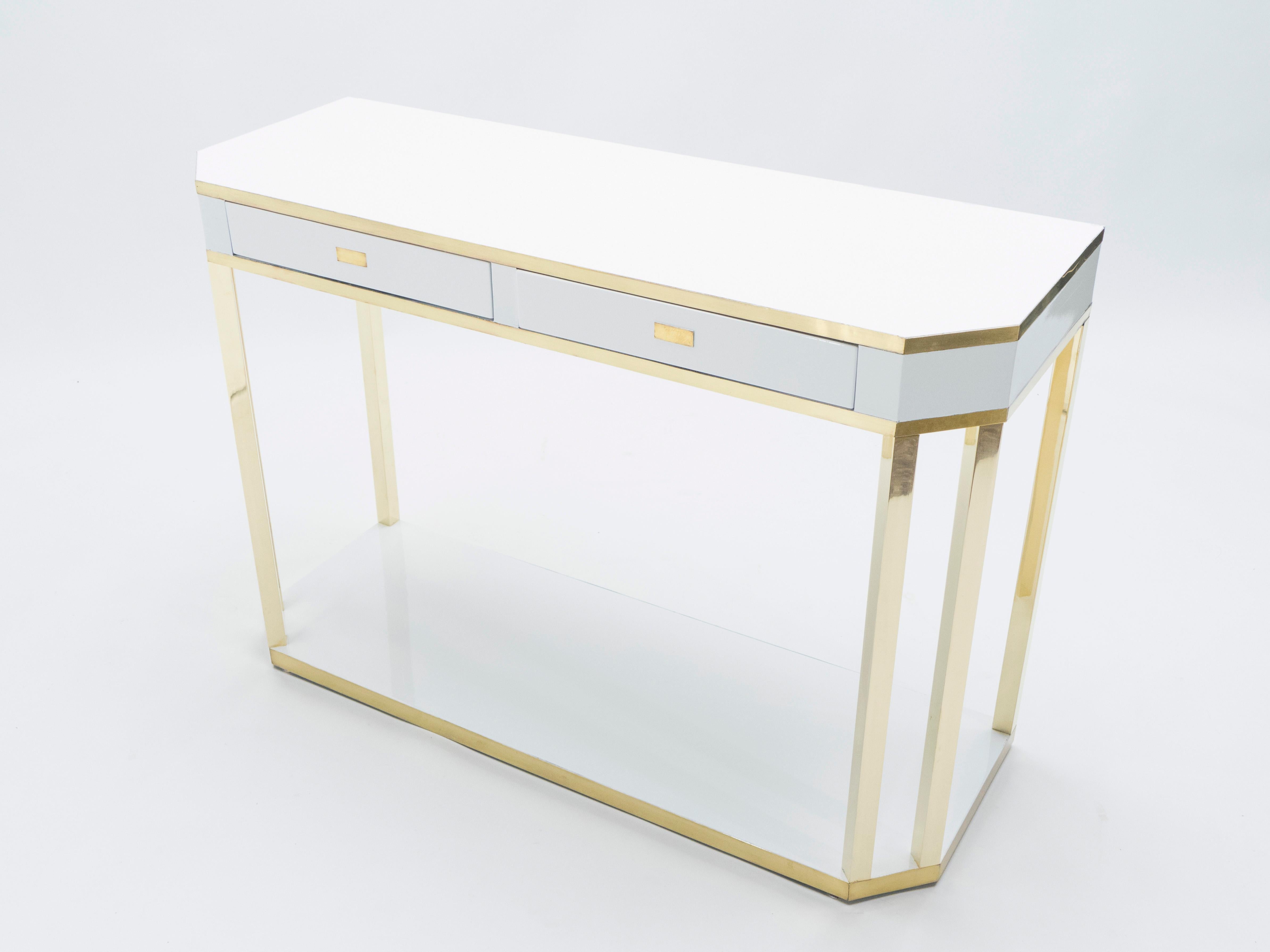 Mid-Century Modern J.C. Mahey White Lacquer and Brass Console, 1970s