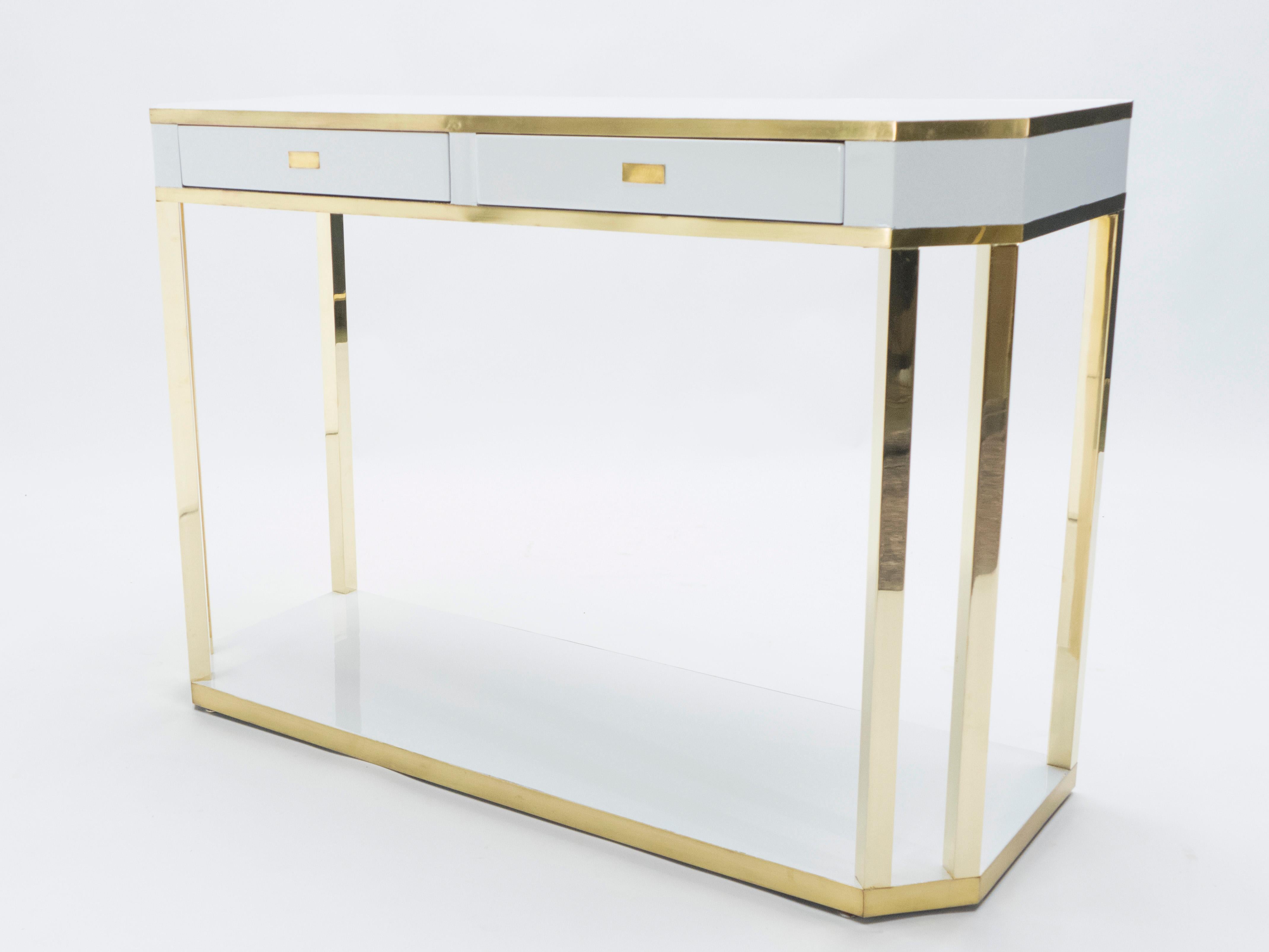 Italian J.C. Mahey White Lacquer and Brass Console, 1970s