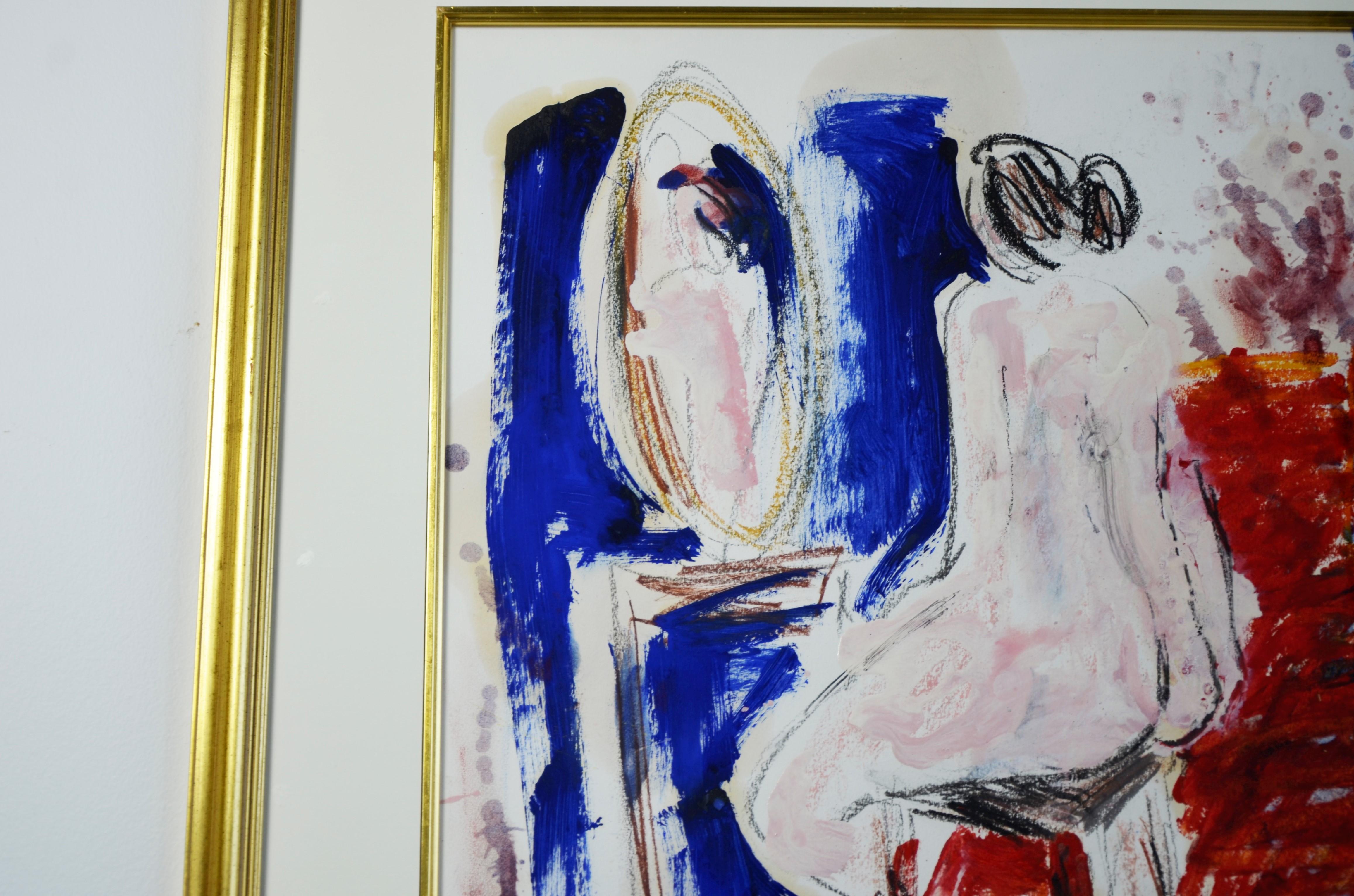 JC Salomoy Expressionist Figure at Dressing Table Painting in Red, Blue & Black For Sale 1