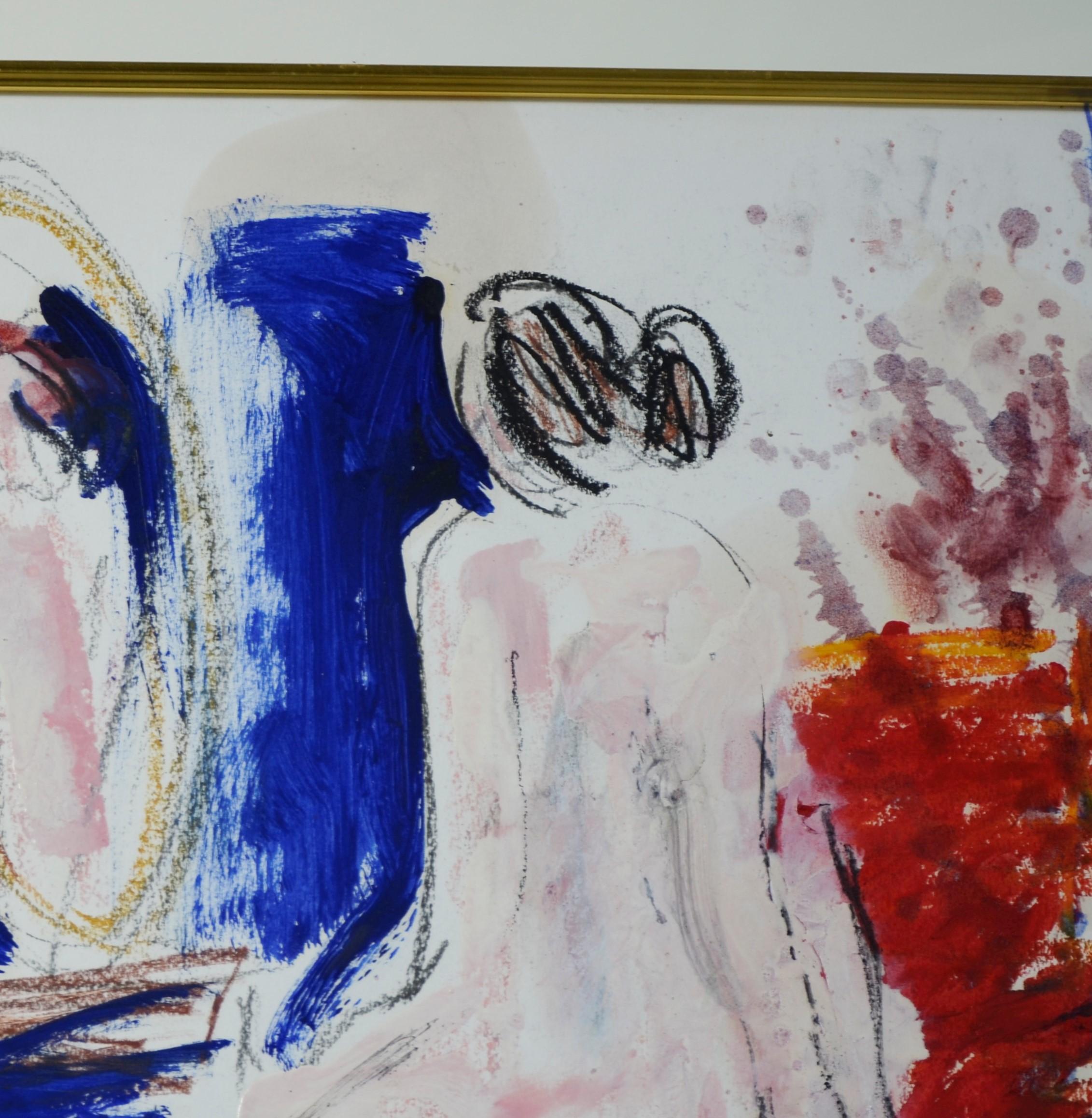 JC Salomoy Expressionist Figure at Dressing Table Painting in Red, Blue & Black For Sale 3