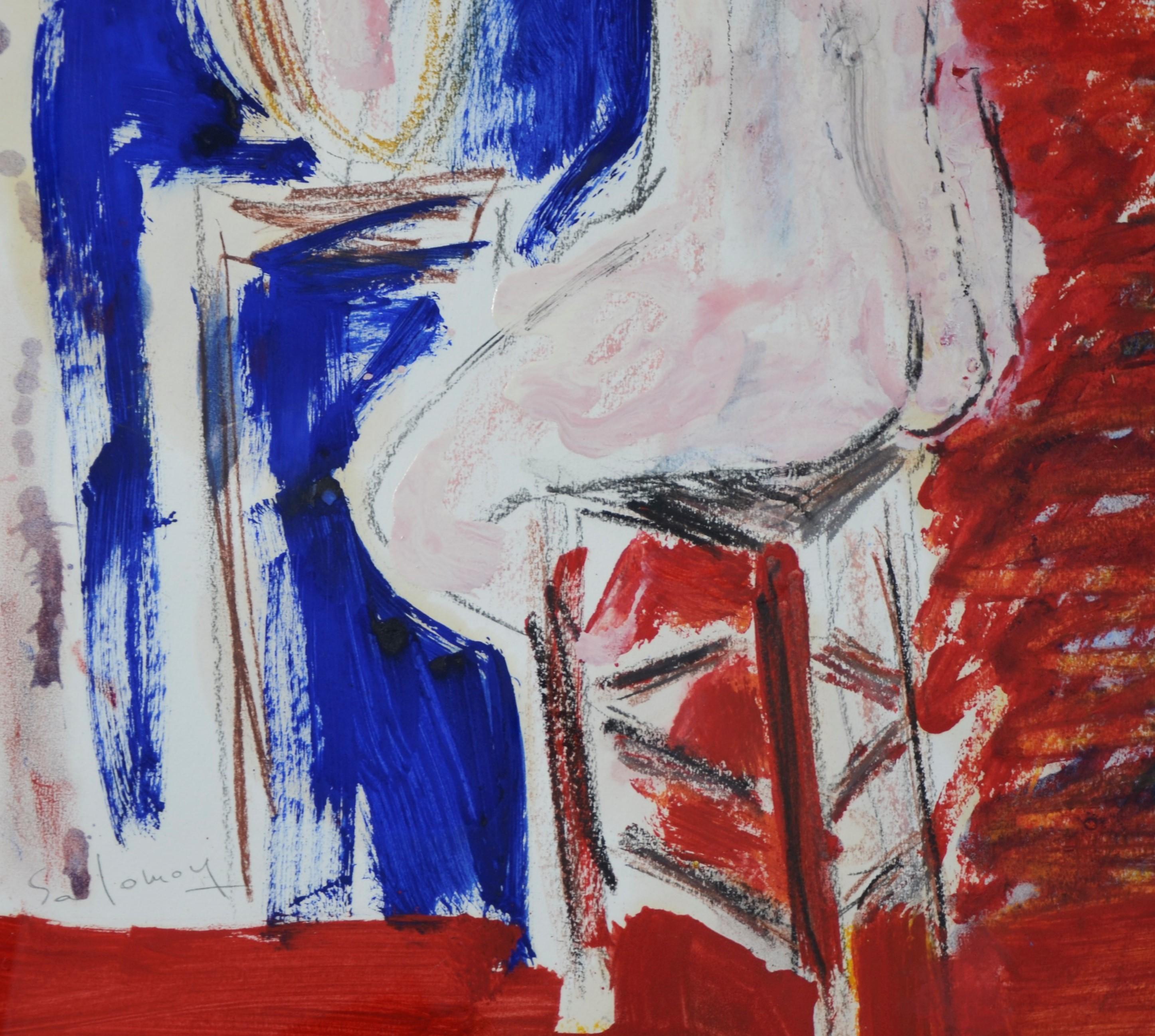 JC Salomoy Expressionist Figure at Dressing Table Painting in Red, Blue & Black For Sale 5