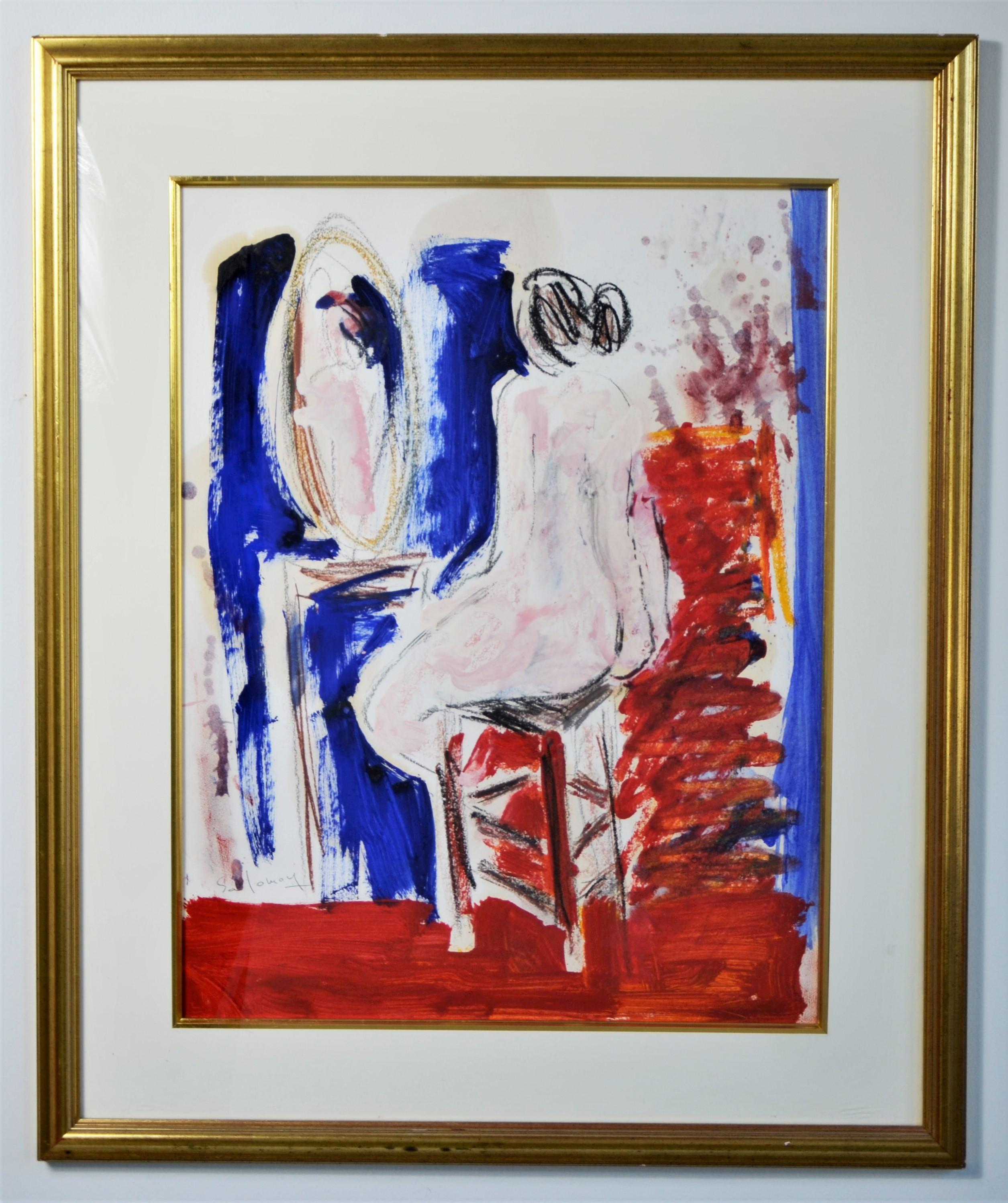 Offered is a late 20th century signed original painting in the expressionist style by JC Salomoy of a female figure at her dressing table. The original work is beautifully painted with the use of charcoal and primarily in reds, blues and black. JC