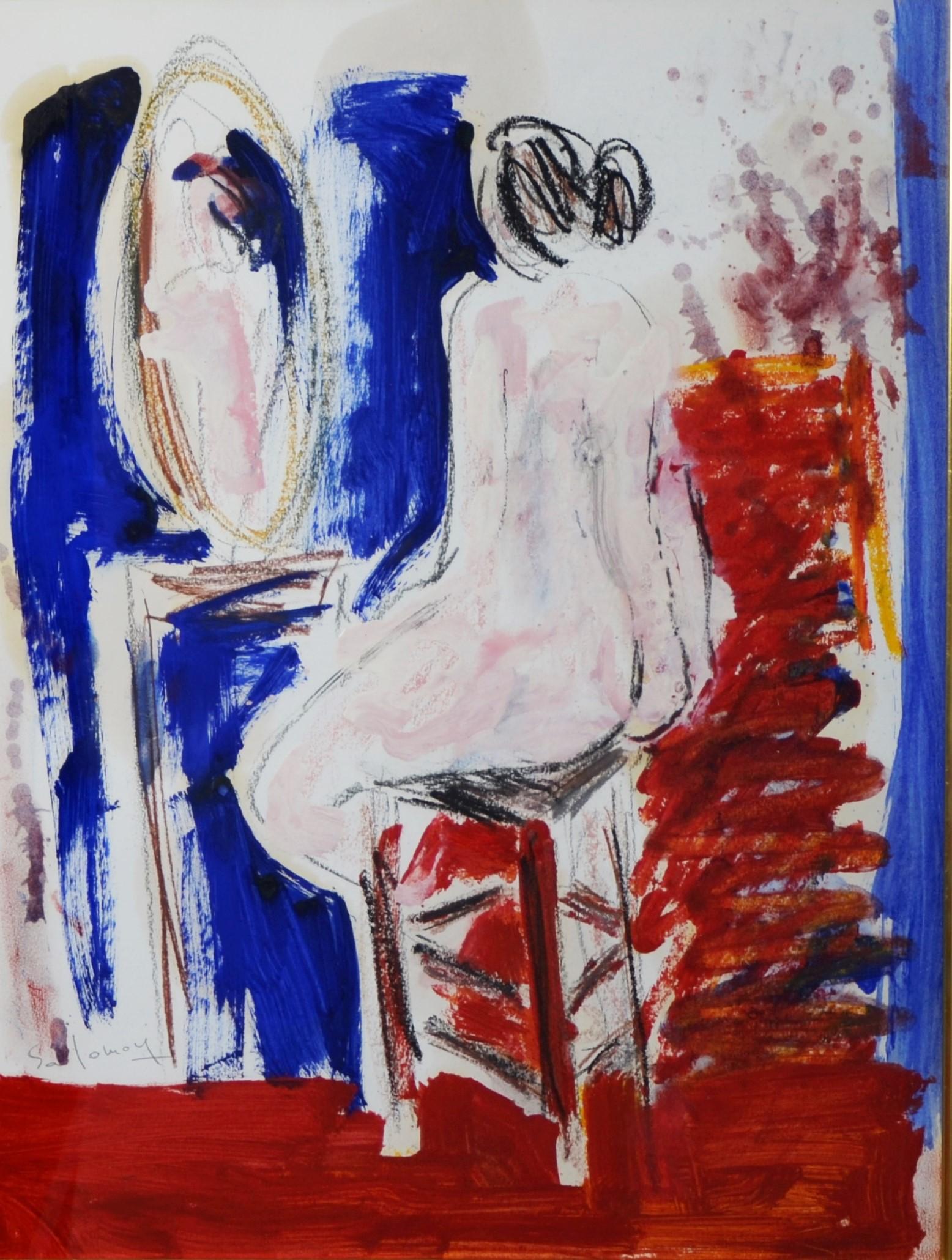 Paper JC Salomoy Expressionist Figure at Dressing Table Painting in Red, Blue & Black For Sale