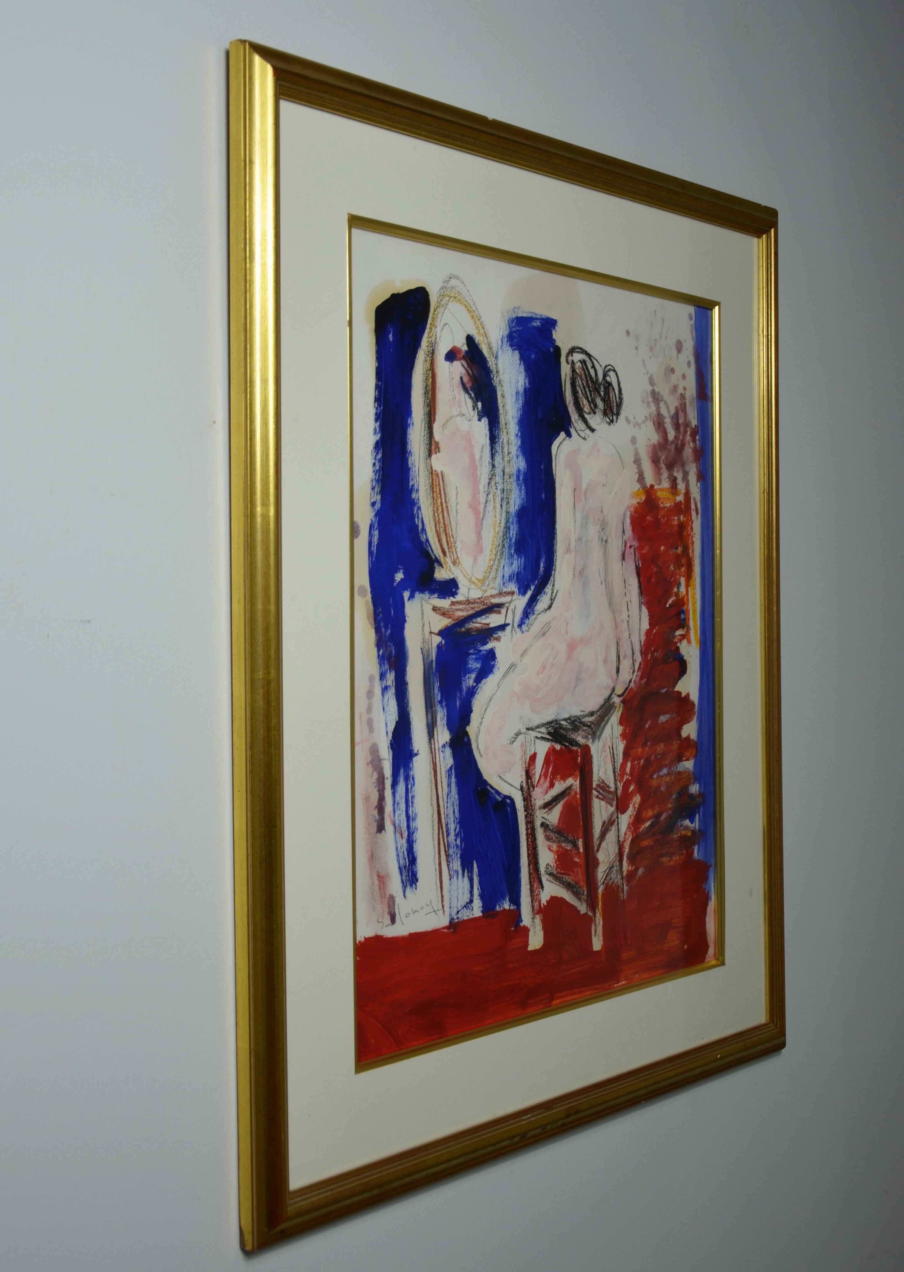 French JC Salomoy Expressionist Figure at Dressing Table Painting in Red, Blue & Black For Sale