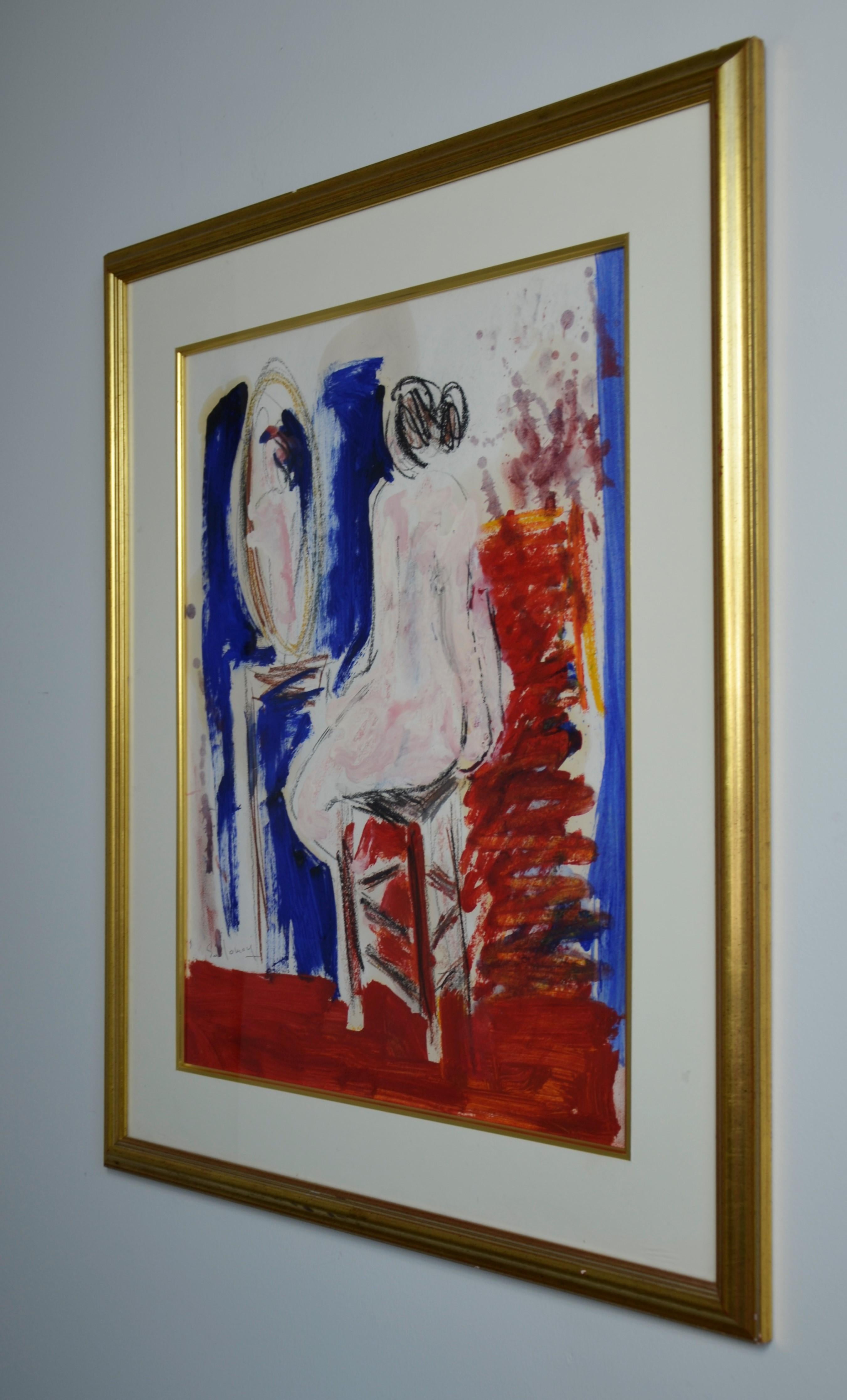 JC Salomoy Expressionist Figure at Dressing Table Painting in Red, Blue & Black In Good Condition For Sale In Houston, TX