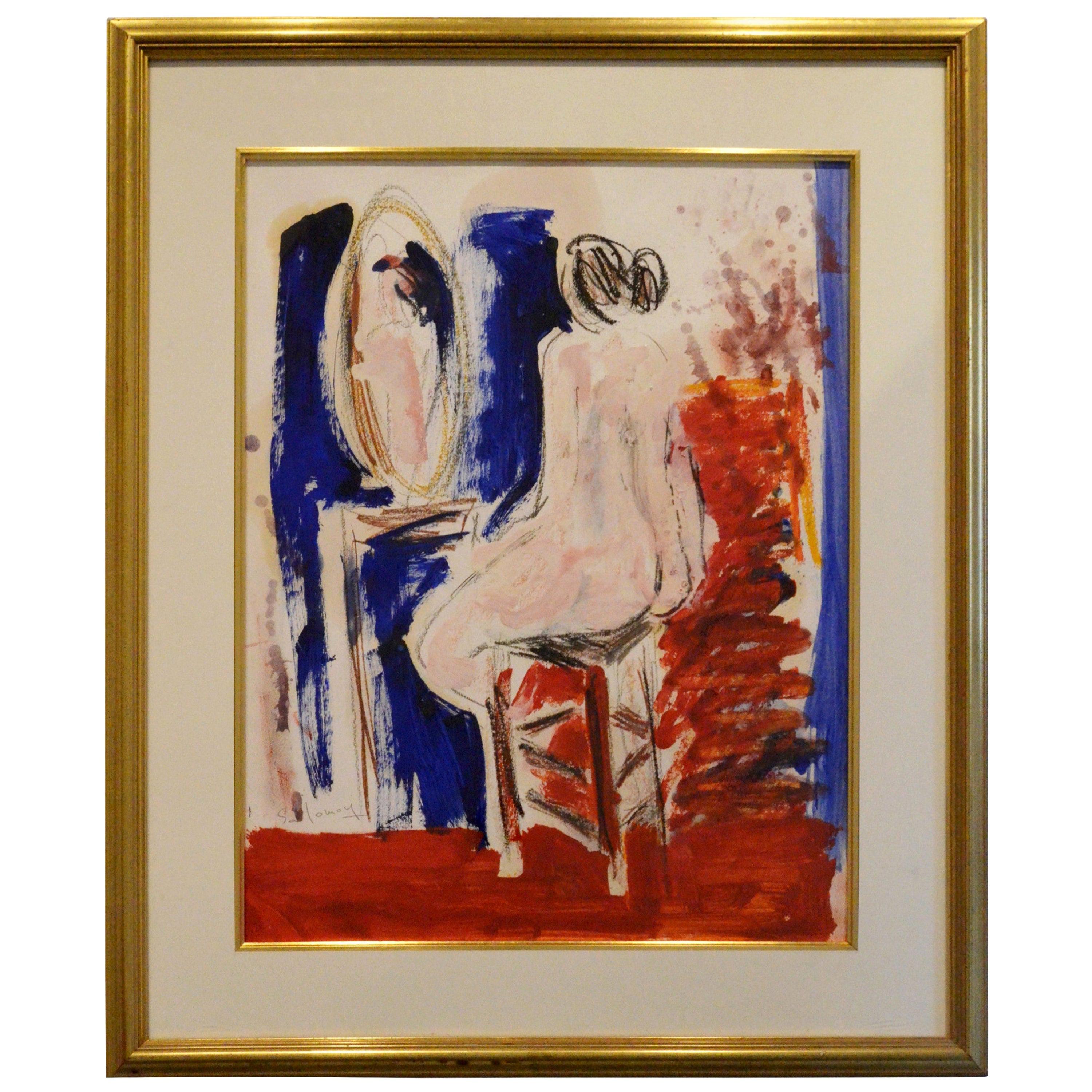 JC Salomoy Expressionist Figure at Dressing Table Painting in Red, Blue & Black For Sale