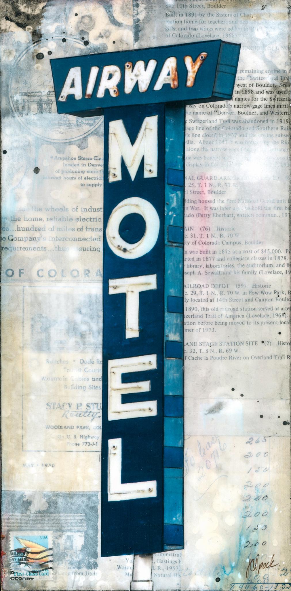 JC Spock Figurative Painting - "Airway Motel, " Mixed Media Painting