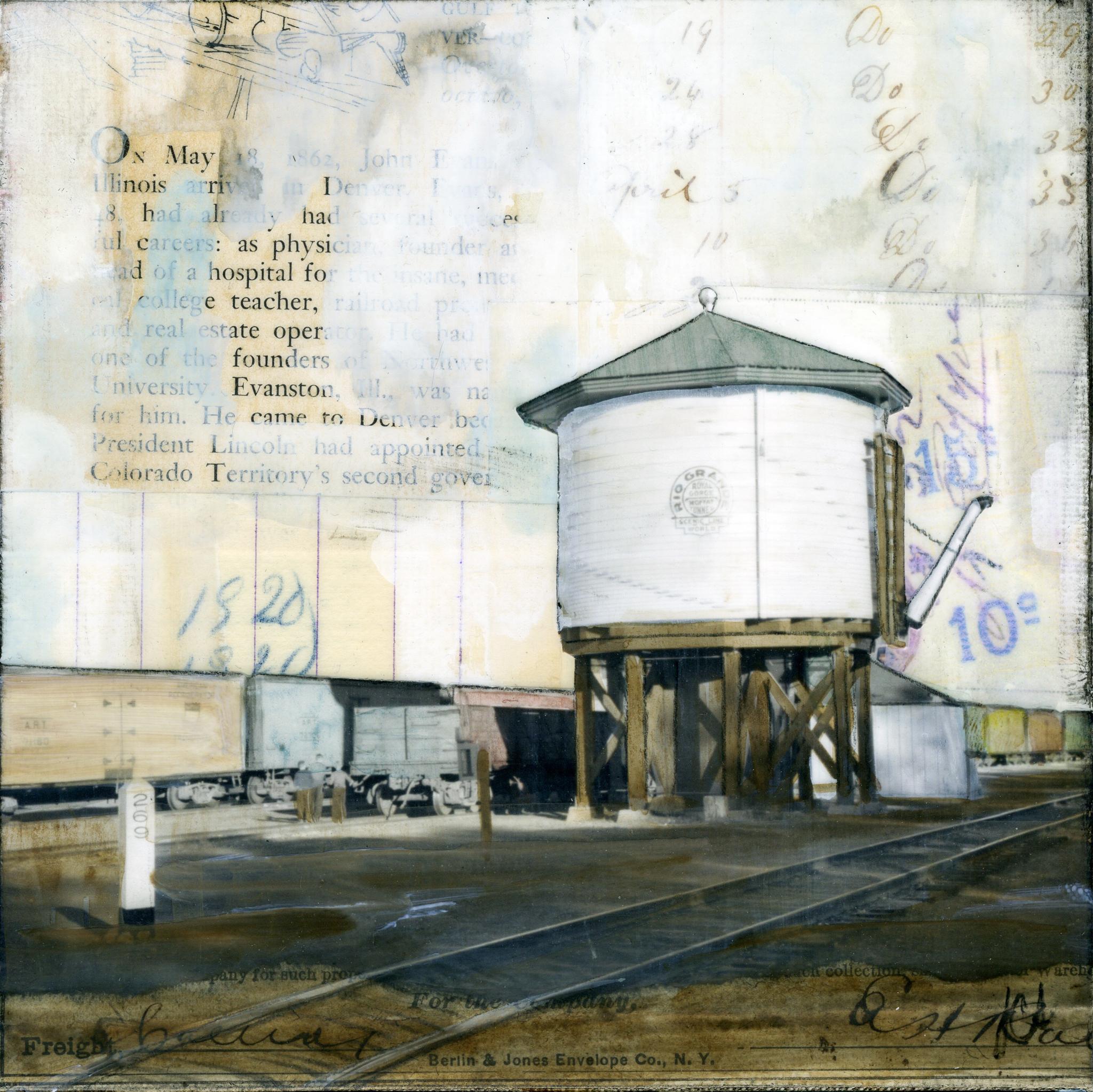 JC Spock Still-Life Painting - "Rail Water Tower" Mixed Media Painting