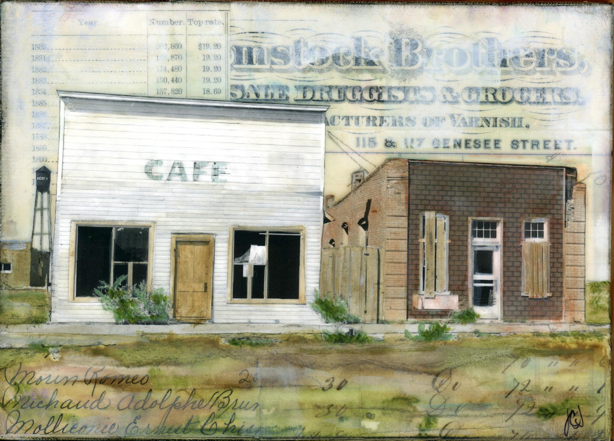 JC Spock Still-Life Painting - "The Former Cafe" Mixed Media Painting