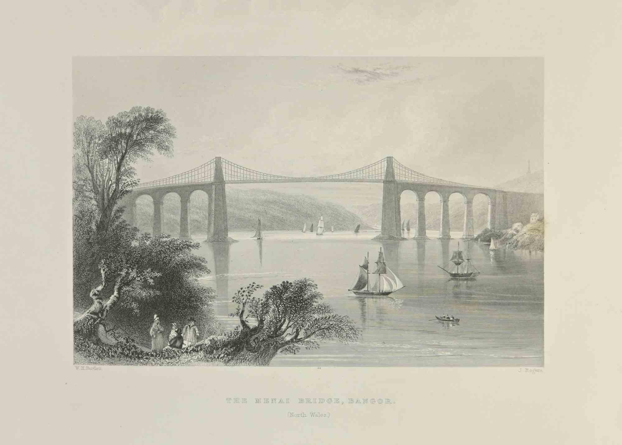 The Menai Bridge, Bangor is an etching realized in 1845 by J.Rogers.

Signed in plate.

The artwork is realized in a well-balanced composition.