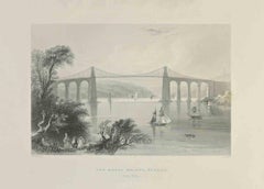 Antique The Menai Bridge, Bangor - Etching by J.C.Armytage - 1845
