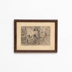 Disegno di paesaggio a matita incorniciato di J.Casas, 1960 circa