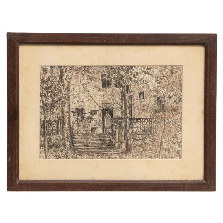 J.Casas Framed Pencil Landscape Drawing, circa 1960