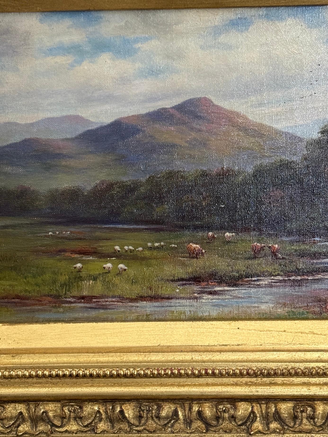19th century British Sheep and Cows in Landscape of Upper Airedale, Yorkshire UK - Painting by J.Charnock