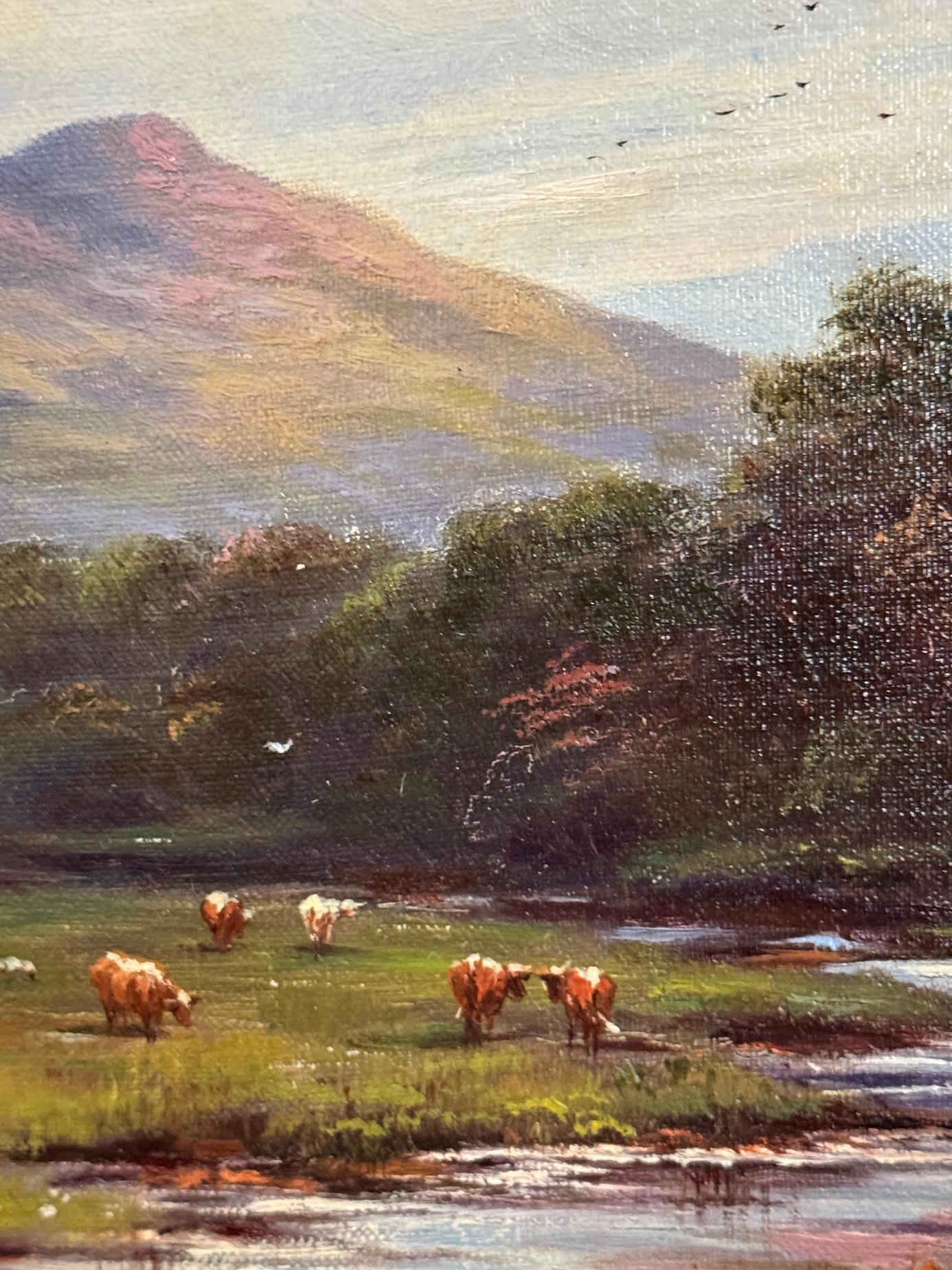 19th century British Sheep and Cows in Landscape of Upper Airedale, Yorkshire UK - Brown Animal Painting by J.Charnock