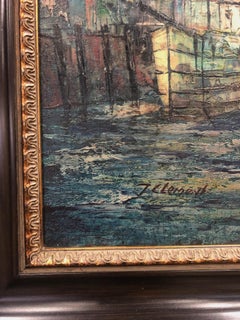 European Harbor Scene Oil Painting