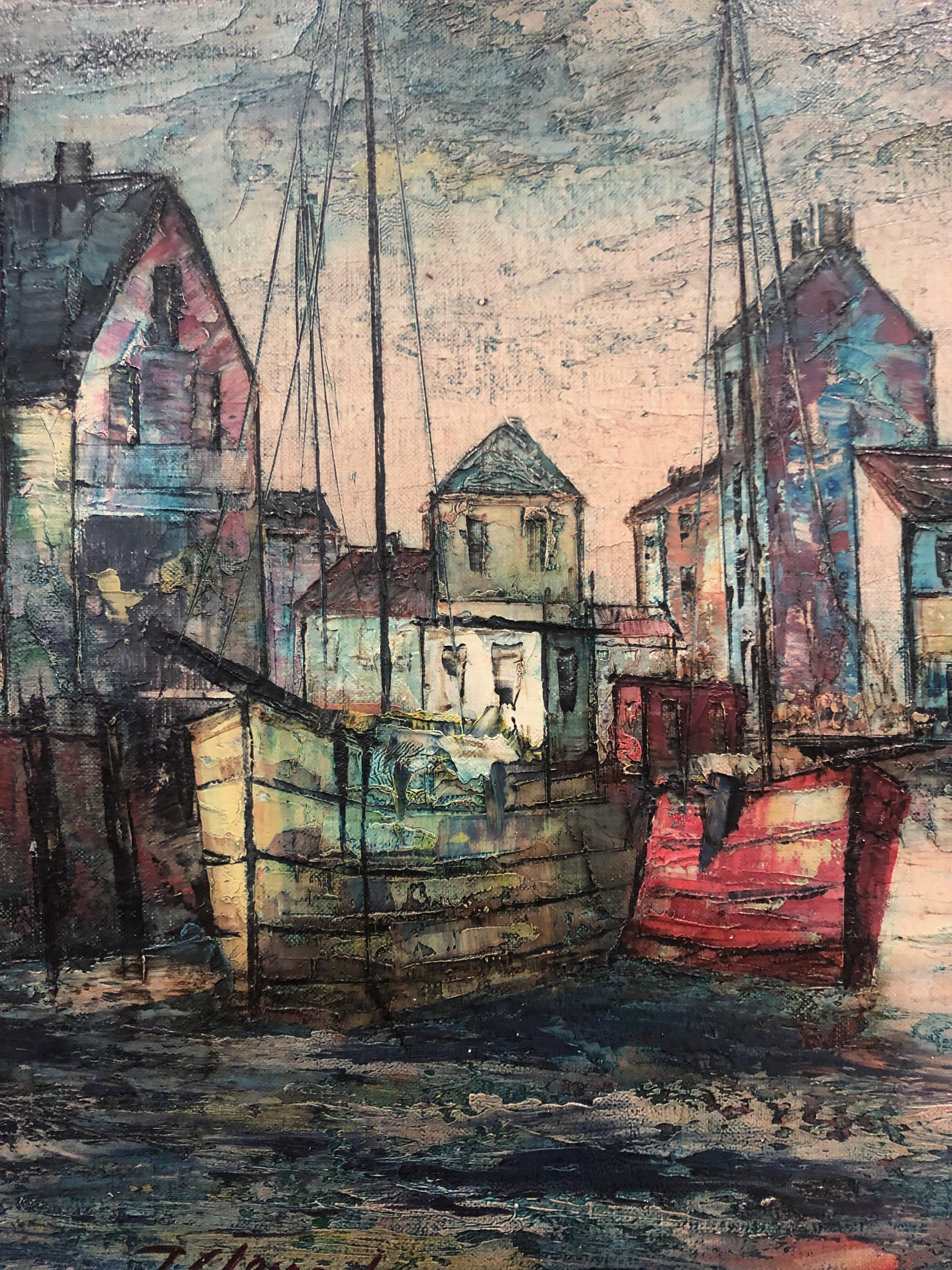 Porto europeo possibile olandese con vista sulle navi e sulla città. 
L'artista J. Clement è firmato in basso a destra. Tela 20 