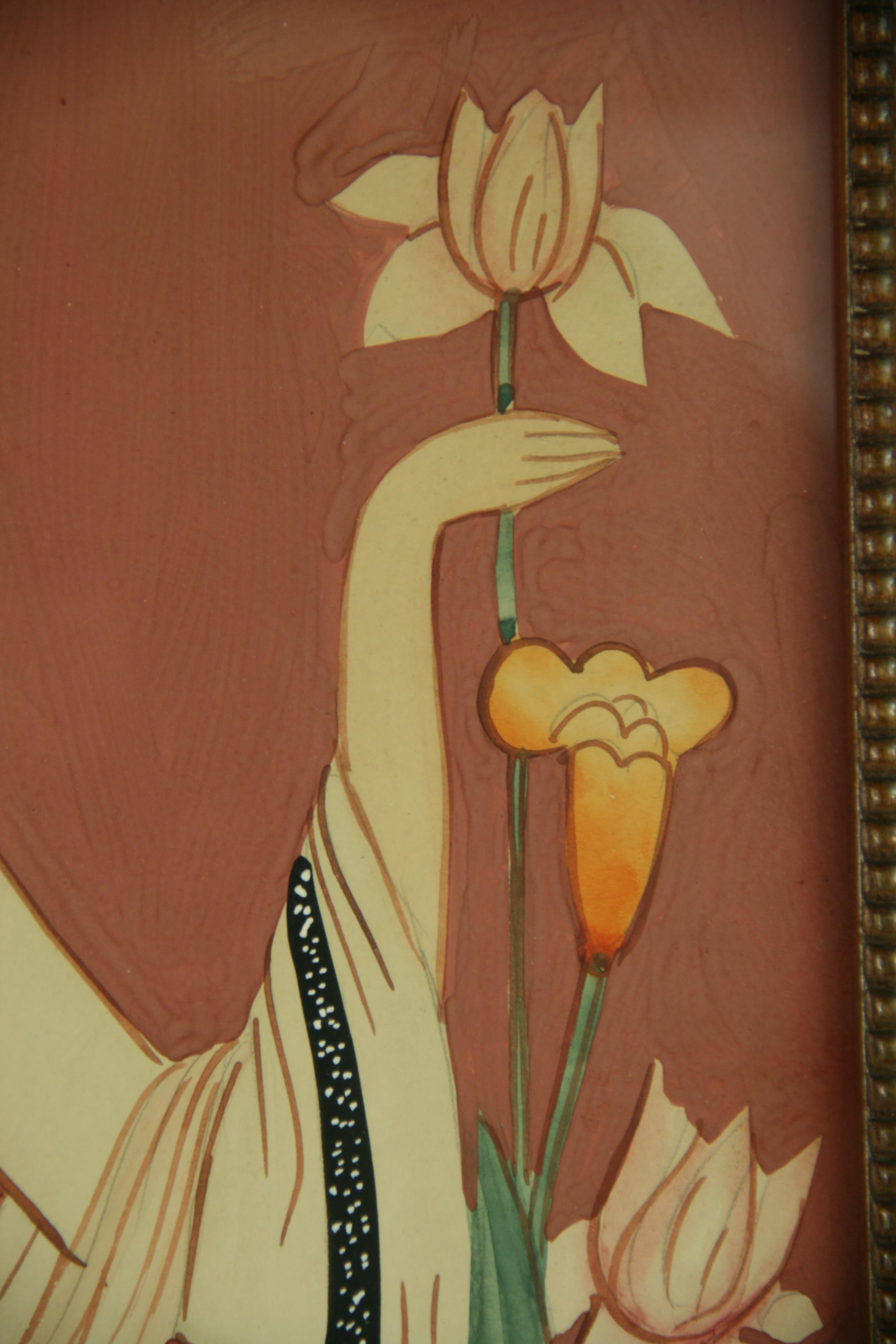 Art déco-Figuratives  Gouache-Gemälde einer Frau mit einer Tulpe im Angebot 7