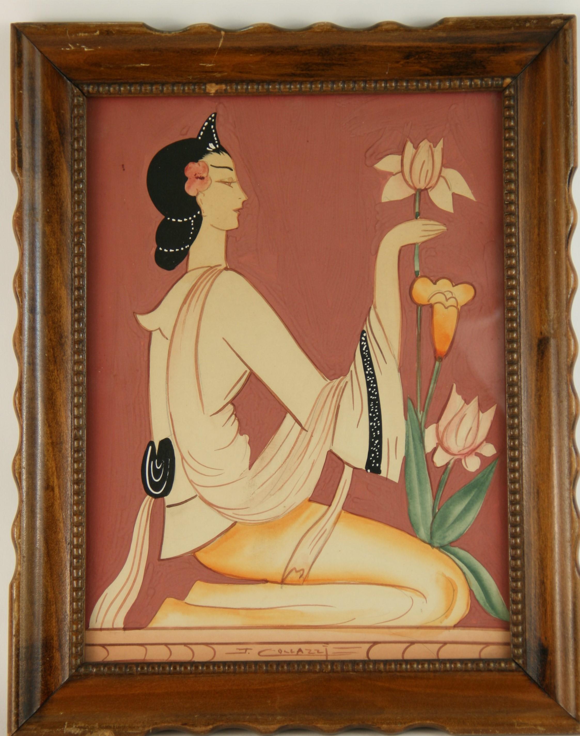 Art déco-Figuratives  Gouache-Gemälde einer Frau mit einer Tulpe – Painting von J.Collazzi