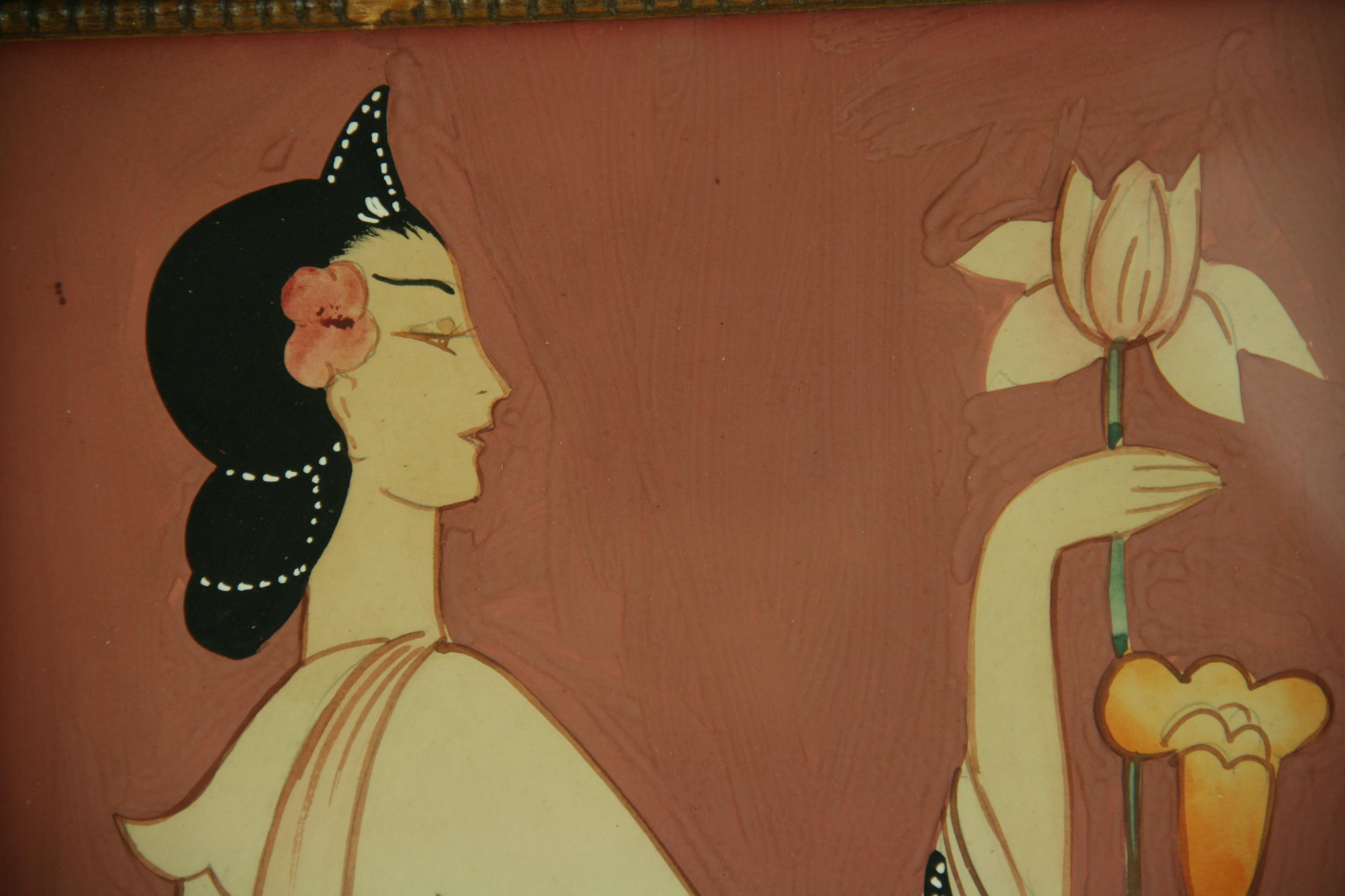 3770 Art Deco Gouache figuratives Gemälde einer Frau und einer Tulpe
In einem handgefertigten Holzrahmen
Bildgröße 8,5x11,5