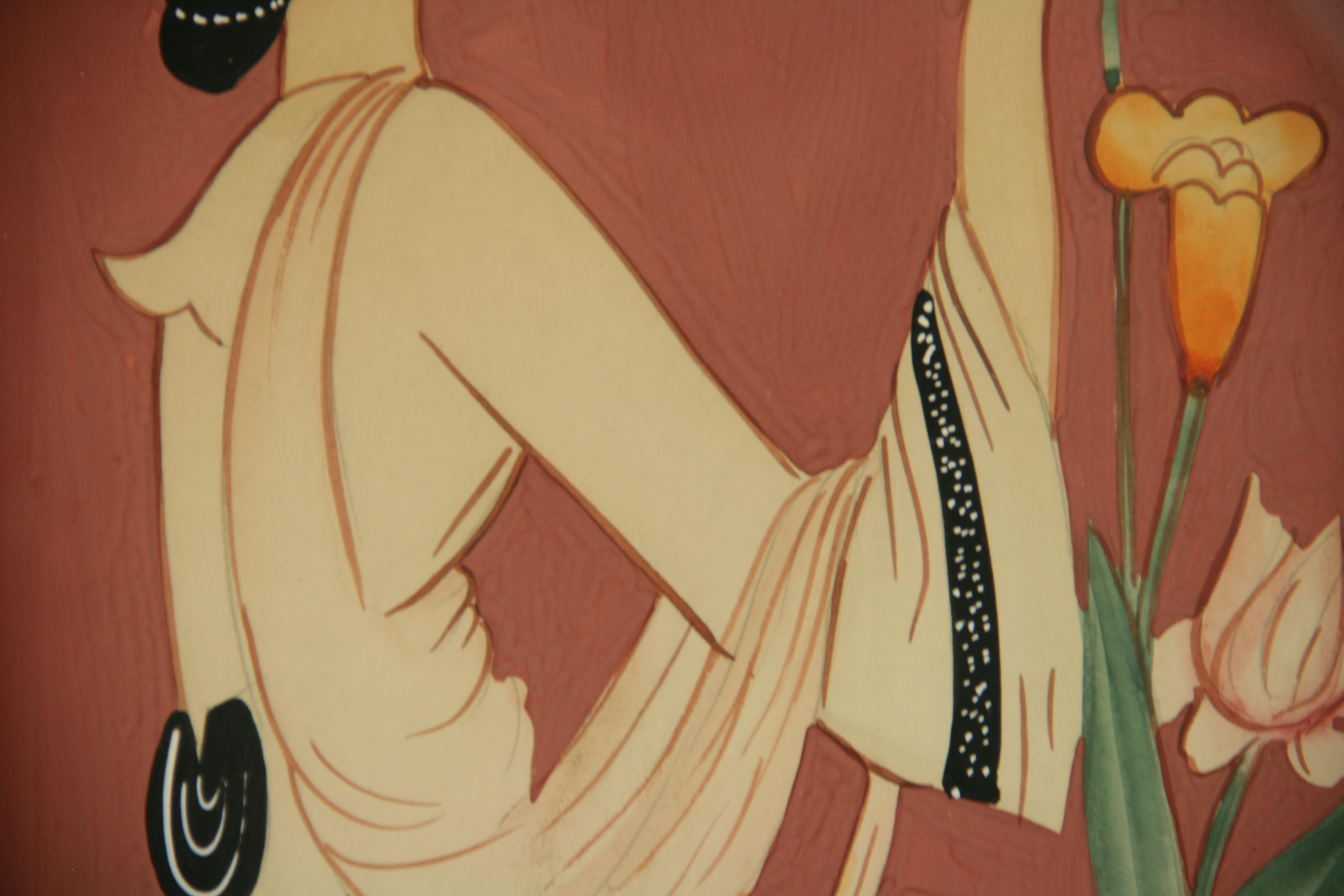 Art déco-Figuratives  Gouache-Gemälde einer Frau mit einer Tulpe im Angebot 1